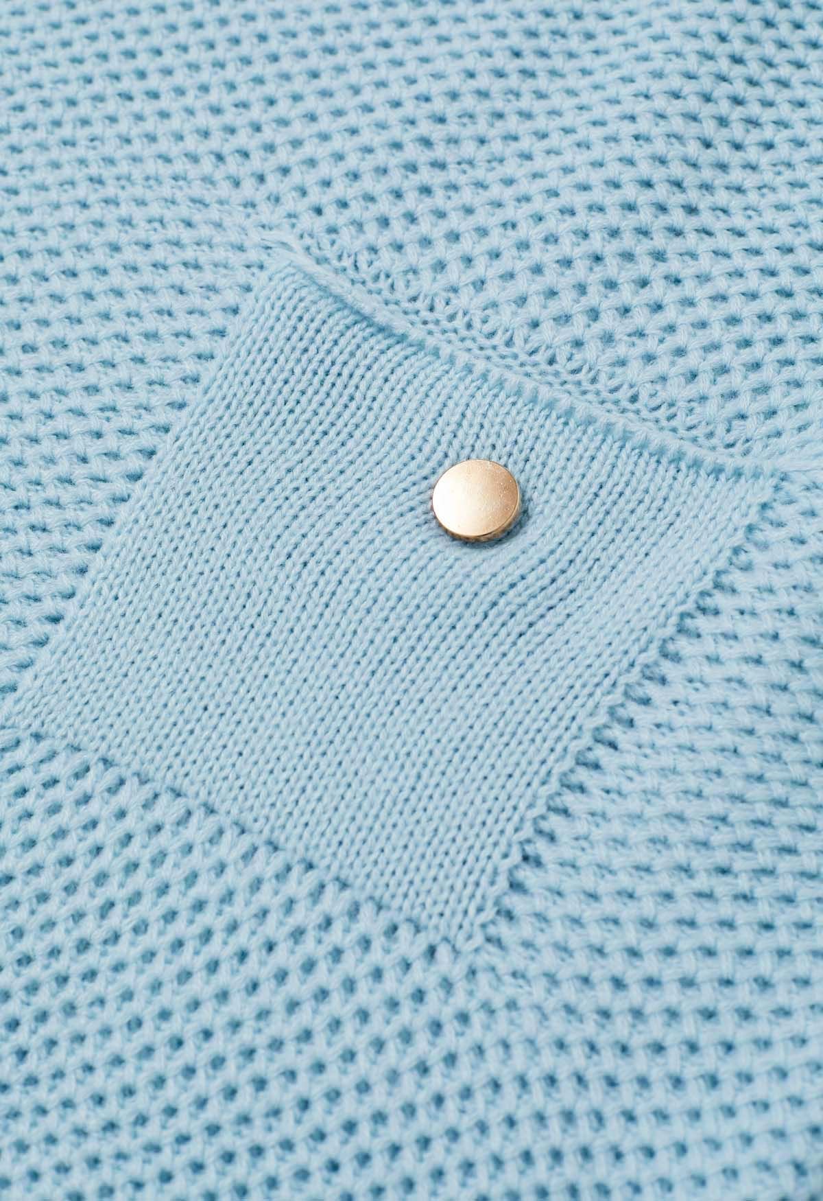 Waffelstrickpullover mit Knöpfen und verzierter Tasche in Babyblau