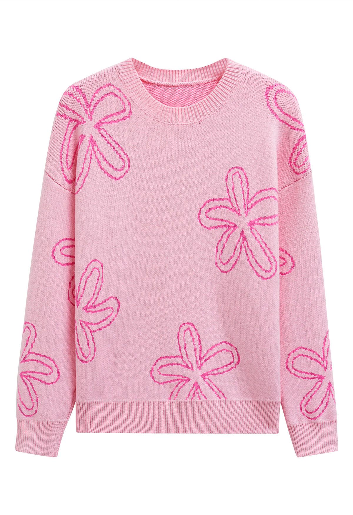 Jacquard-Strickpullover mit floralem Skizzenmuster in Rosa