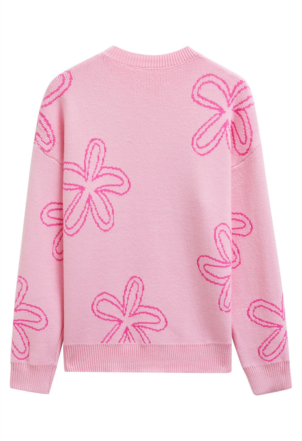 Jacquard-Strickpullover mit floralem Skizzenmuster in Rosa