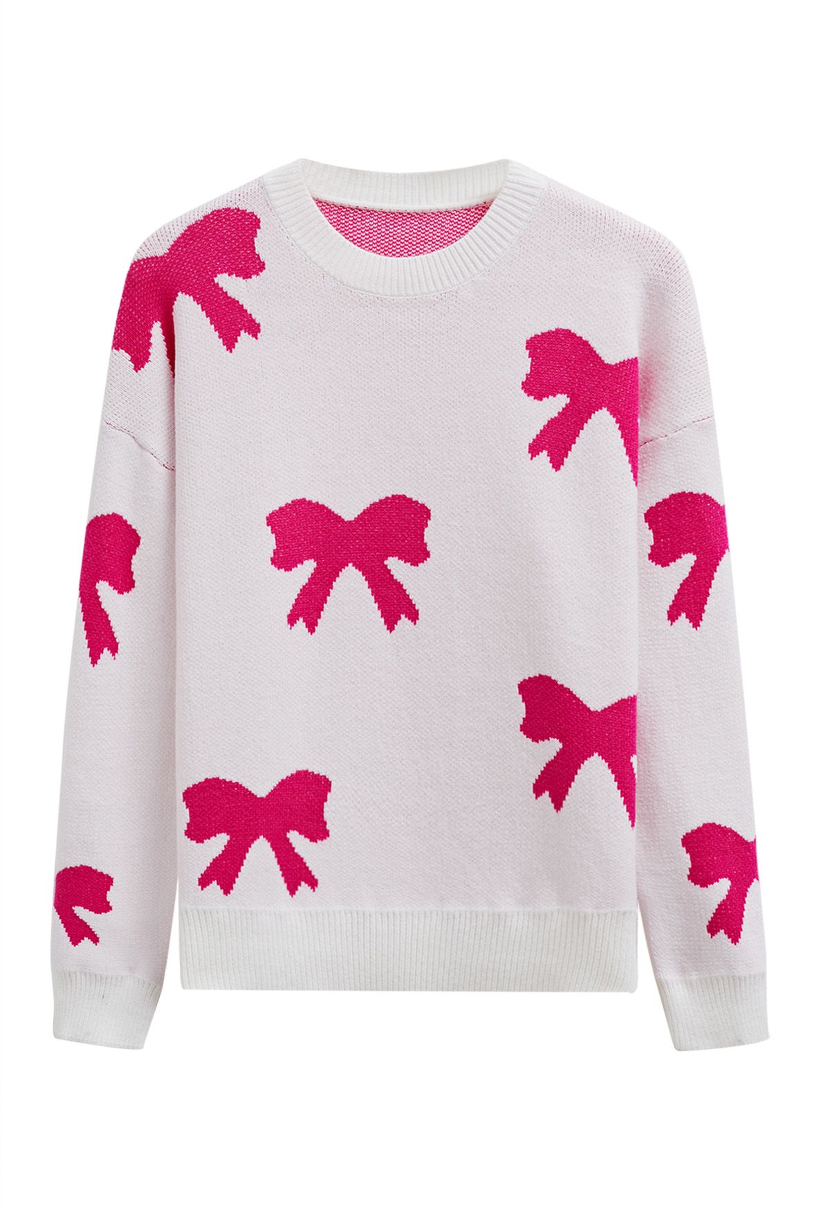 Rosa Jacquard-Strickpullover mit Cartoon-Schleife