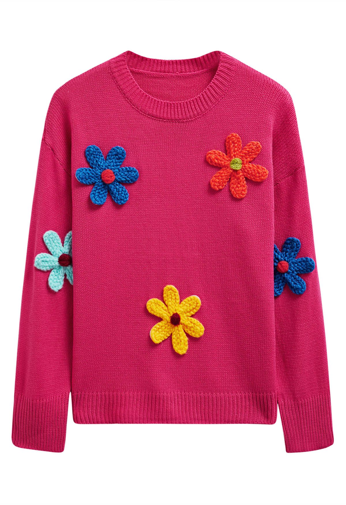 Farbenfroher Strickpullover mit 3D-Stichblumen in Pink