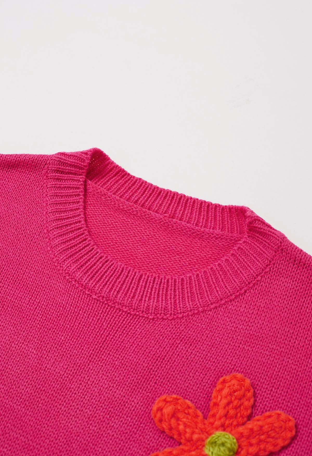 Farbenfroher Strickpullover mit 3D-Stichblumen in Pink