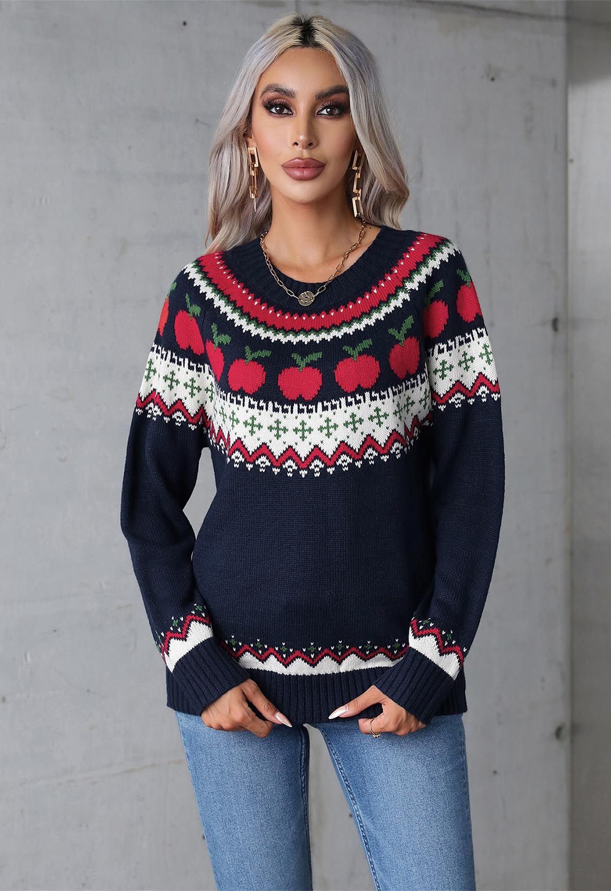 Apple Delight – Langärmliger Strickpullover in Marine