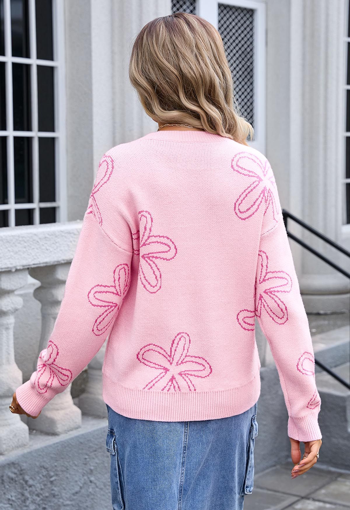 Jacquard-Strickpullover mit floralem Skizzenmuster in Rosa