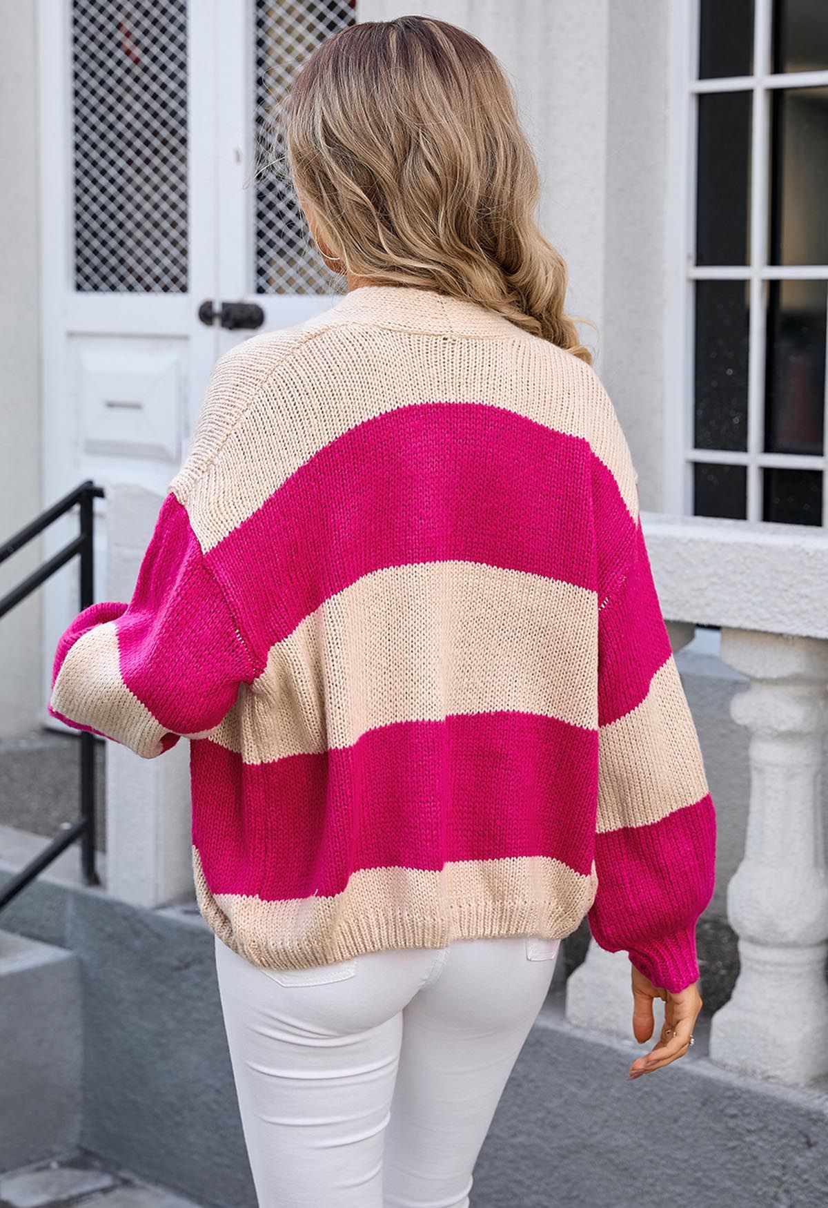 Gestreifte Strickjacke mit Farbblockdesign und offener Vorderseite in Pink