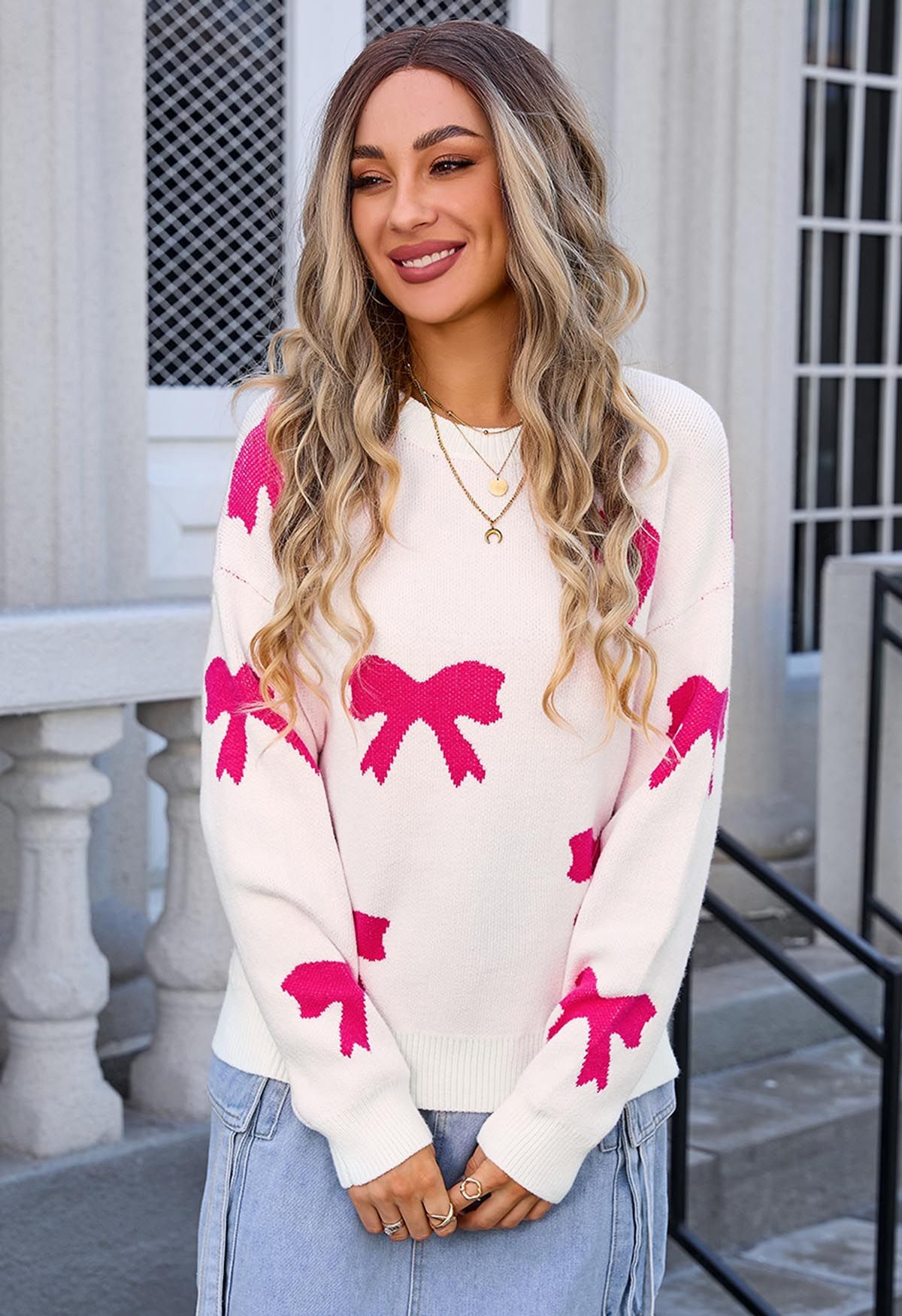 Rosa Jacquard-Strickpullover mit Cartoon-Schleife