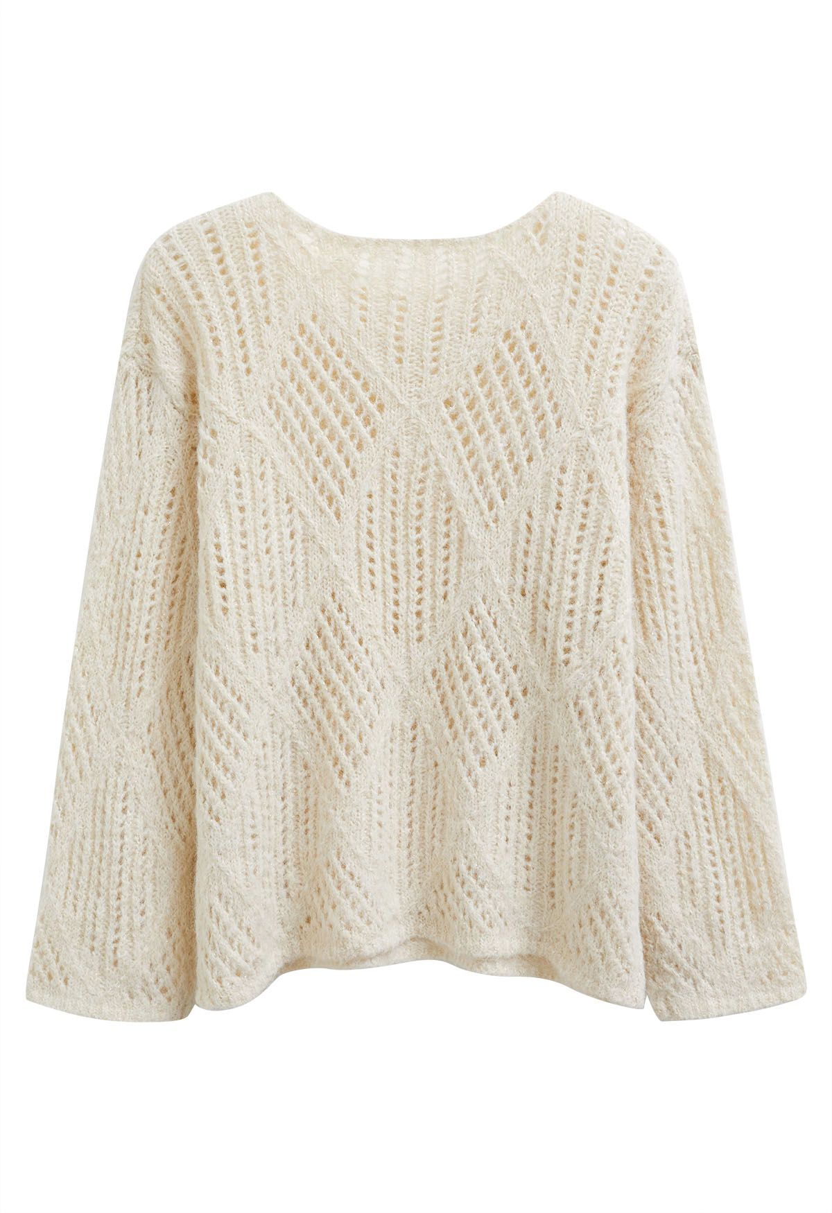 Flauschiger Strickpullover mit Rautenmuster in Creme