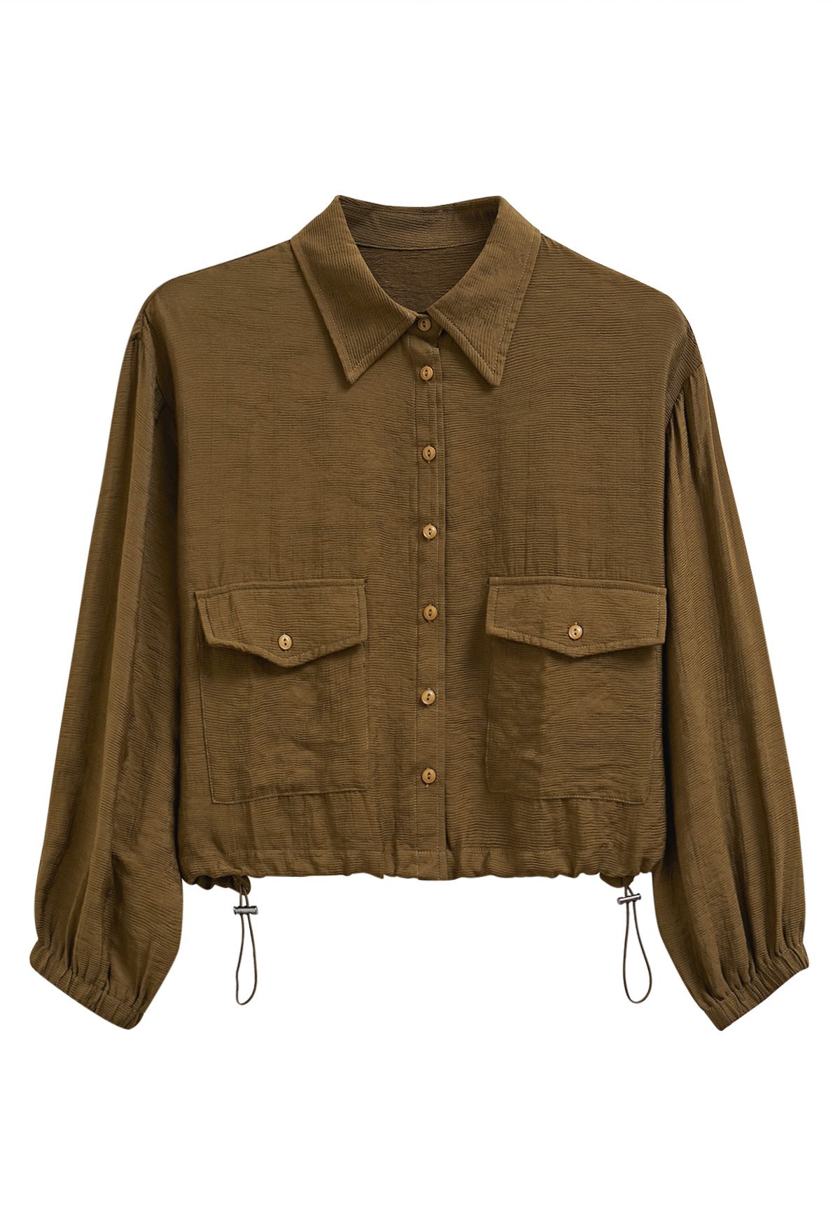 Braunes Button-Down-Hemd mit Kordelzug und Kragen