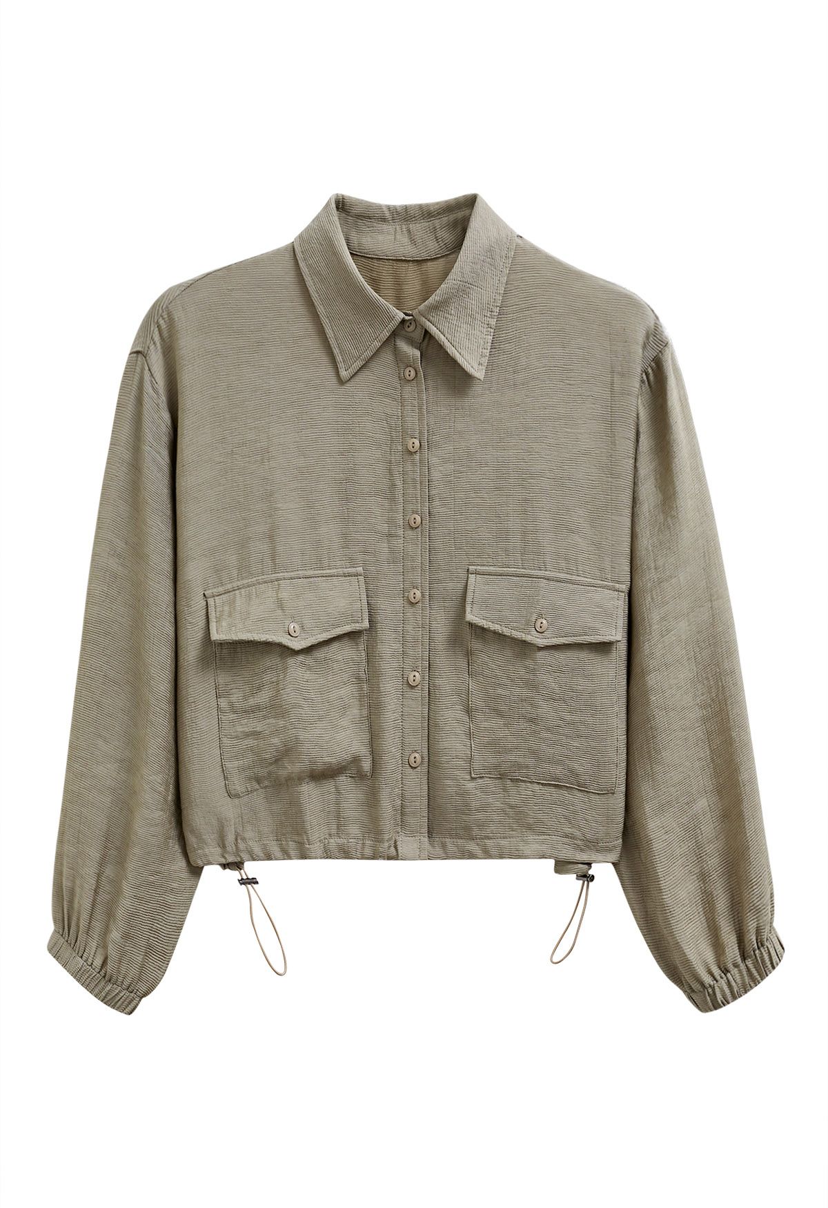 Khakifarbenes Button-Down-Hemd mit Kordelzug und Kragen