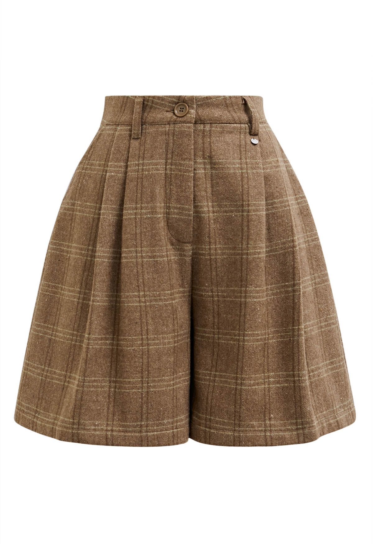 Karierte Shorts aus Wollmischung im Retro-Look in Camel