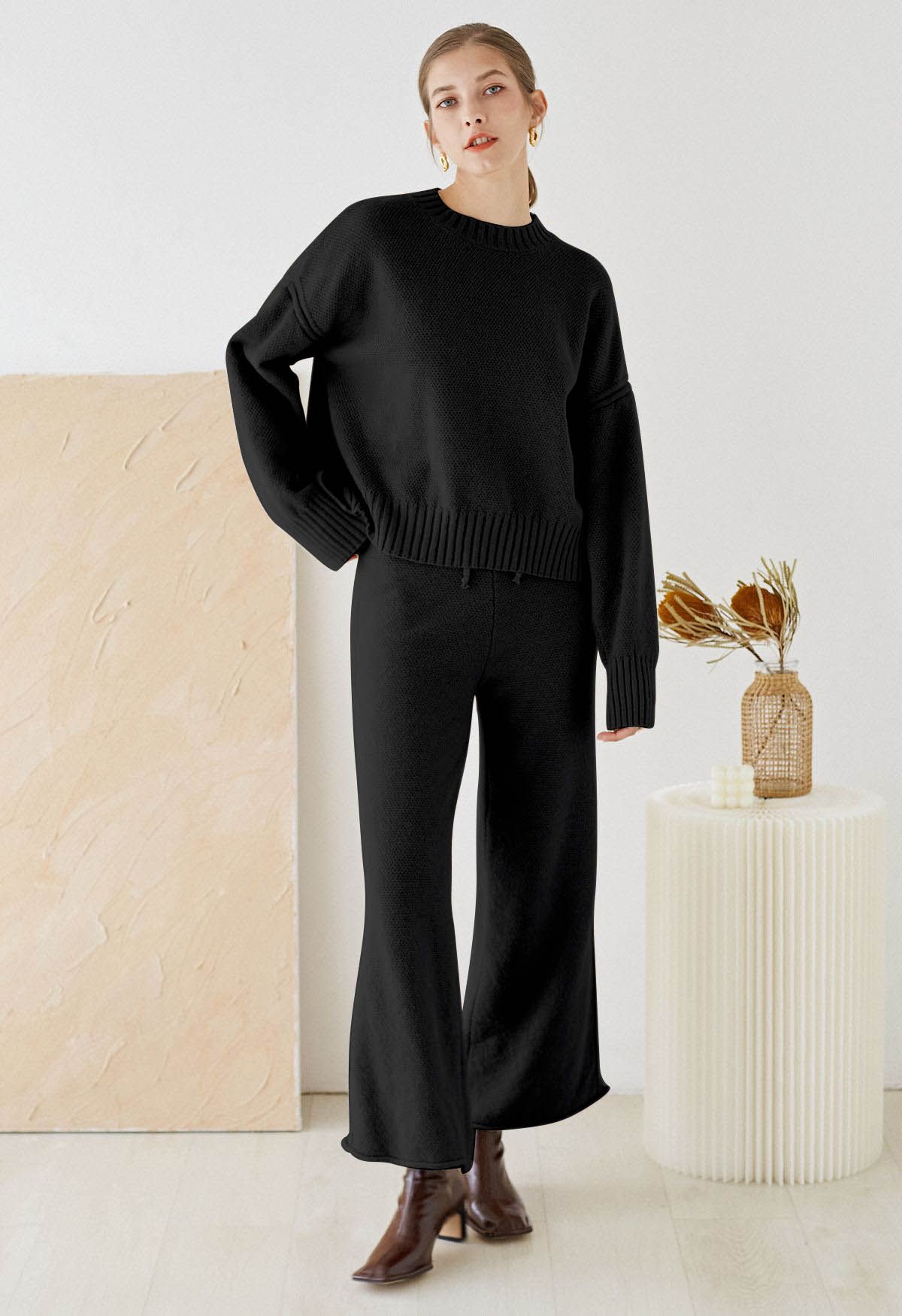 Waffelstrick-Hi-Lo-Pullover und Hose mit weitem Bein im Set in Schwarz