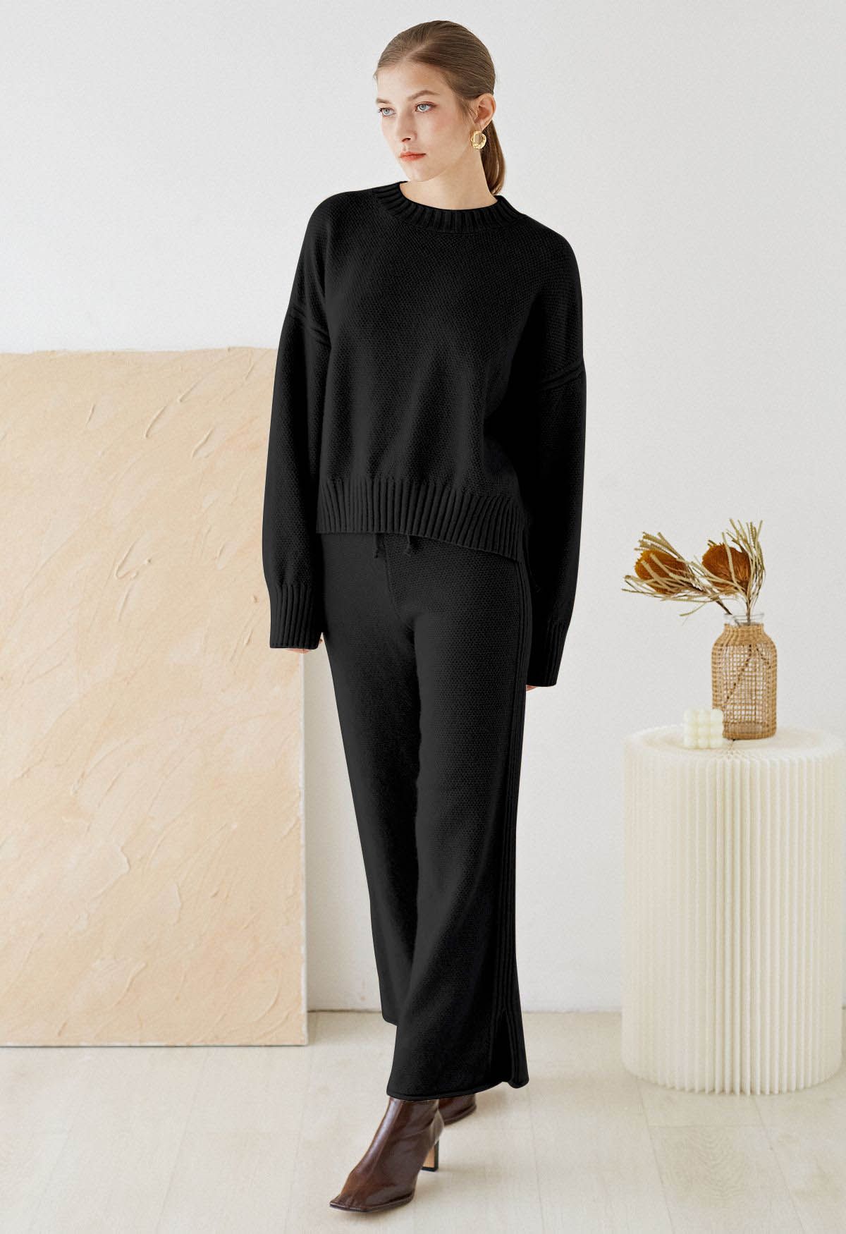 Waffelstrick-Hi-Lo-Pullover und Hose mit weitem Bein im Set in Schwarz