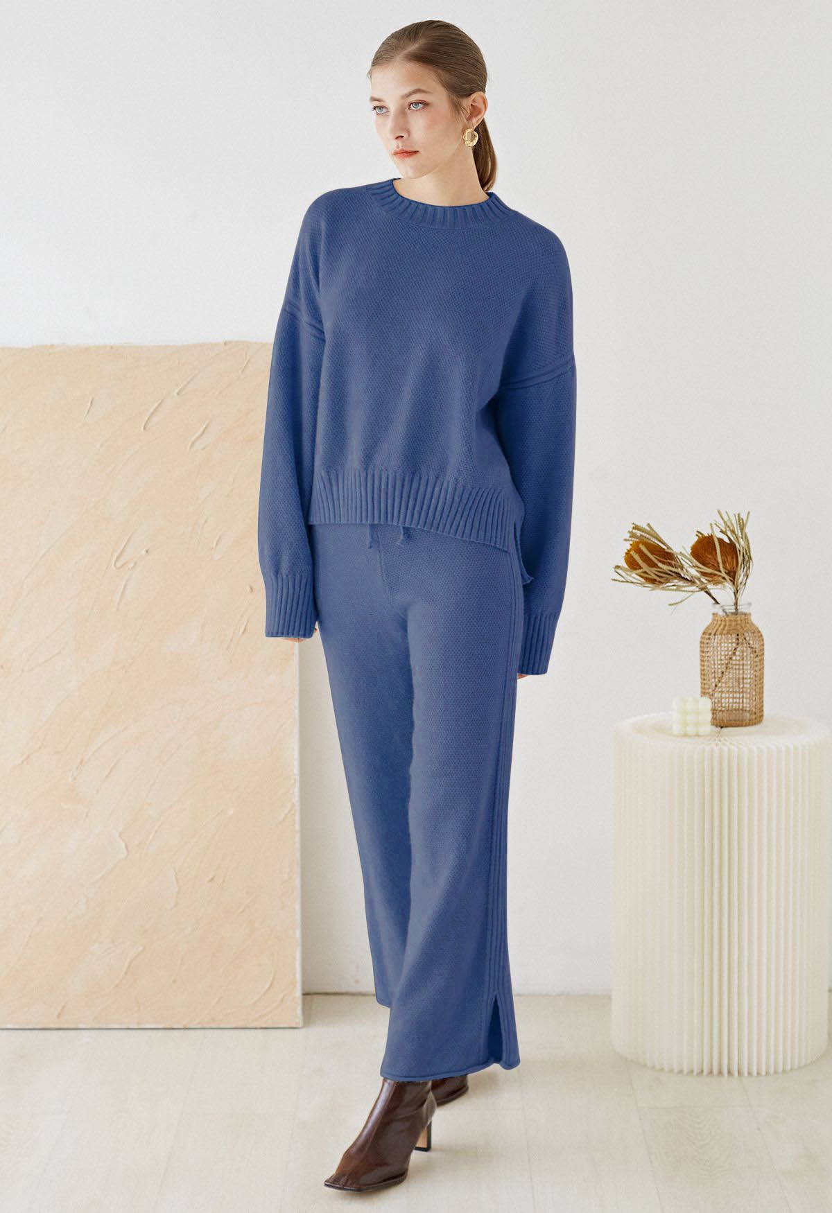 Waffelstrick-Hi-Lo-Pullover und Hose mit weitem Bein im Set in Blau