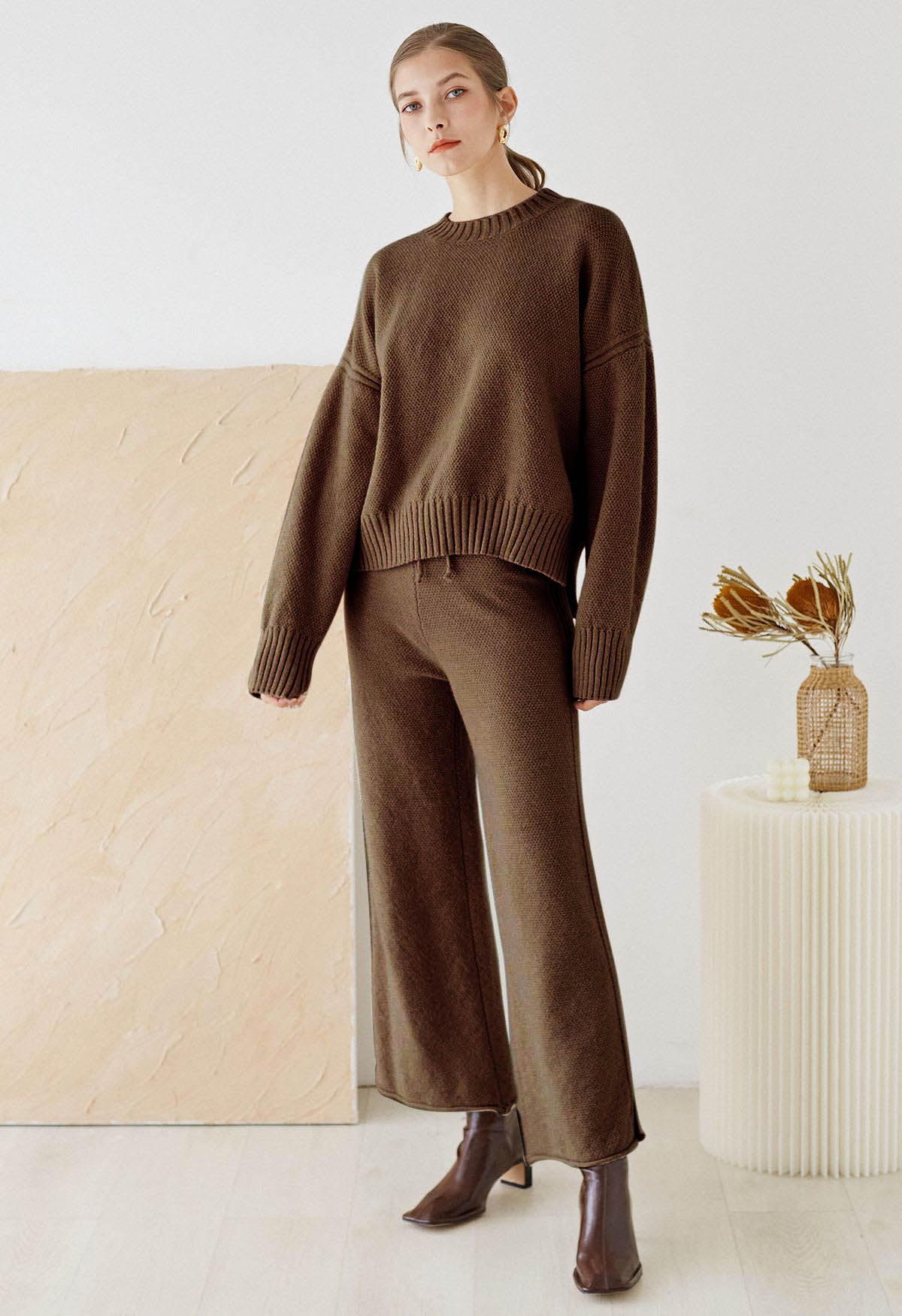 Waffelstrick-Hi-Lo-Pullover und Hose mit weitem Bein im Set in Braun