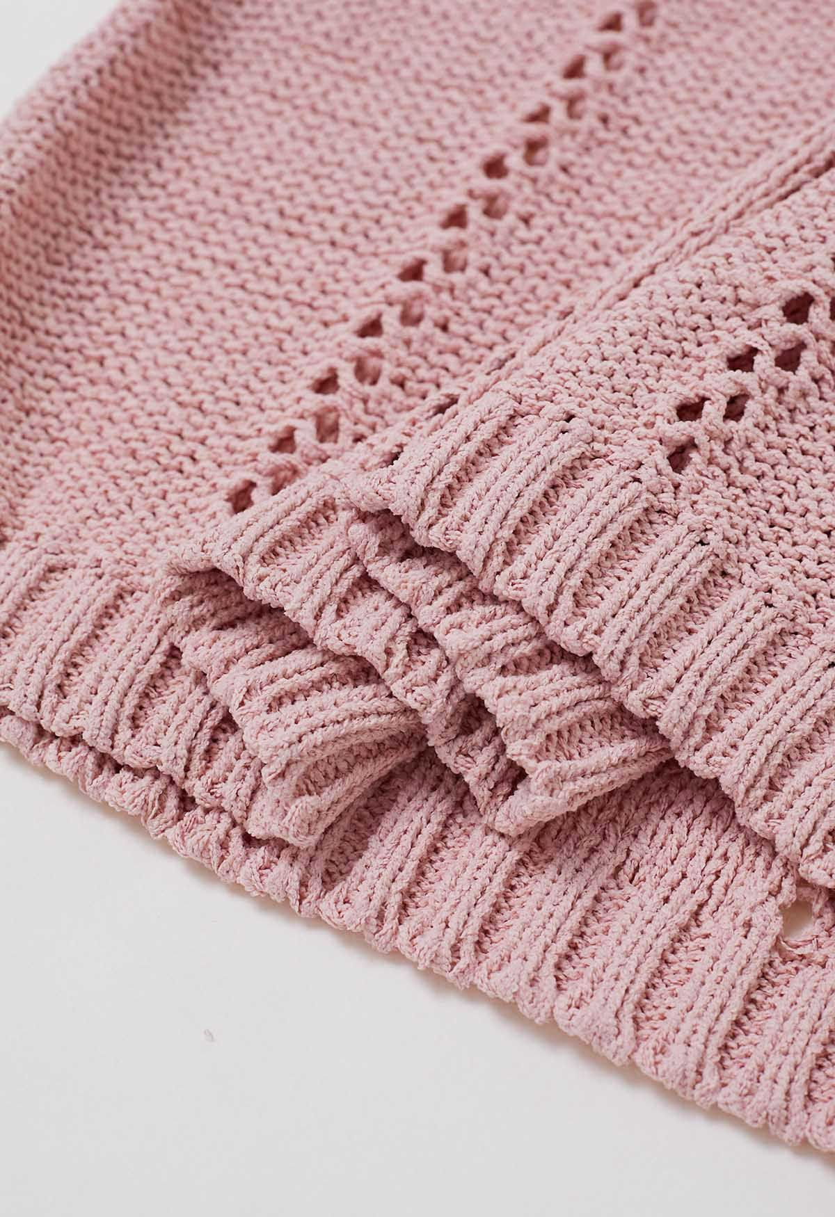 Ausgehöhltes Strickoberteil mit Bindekragen in Rosa