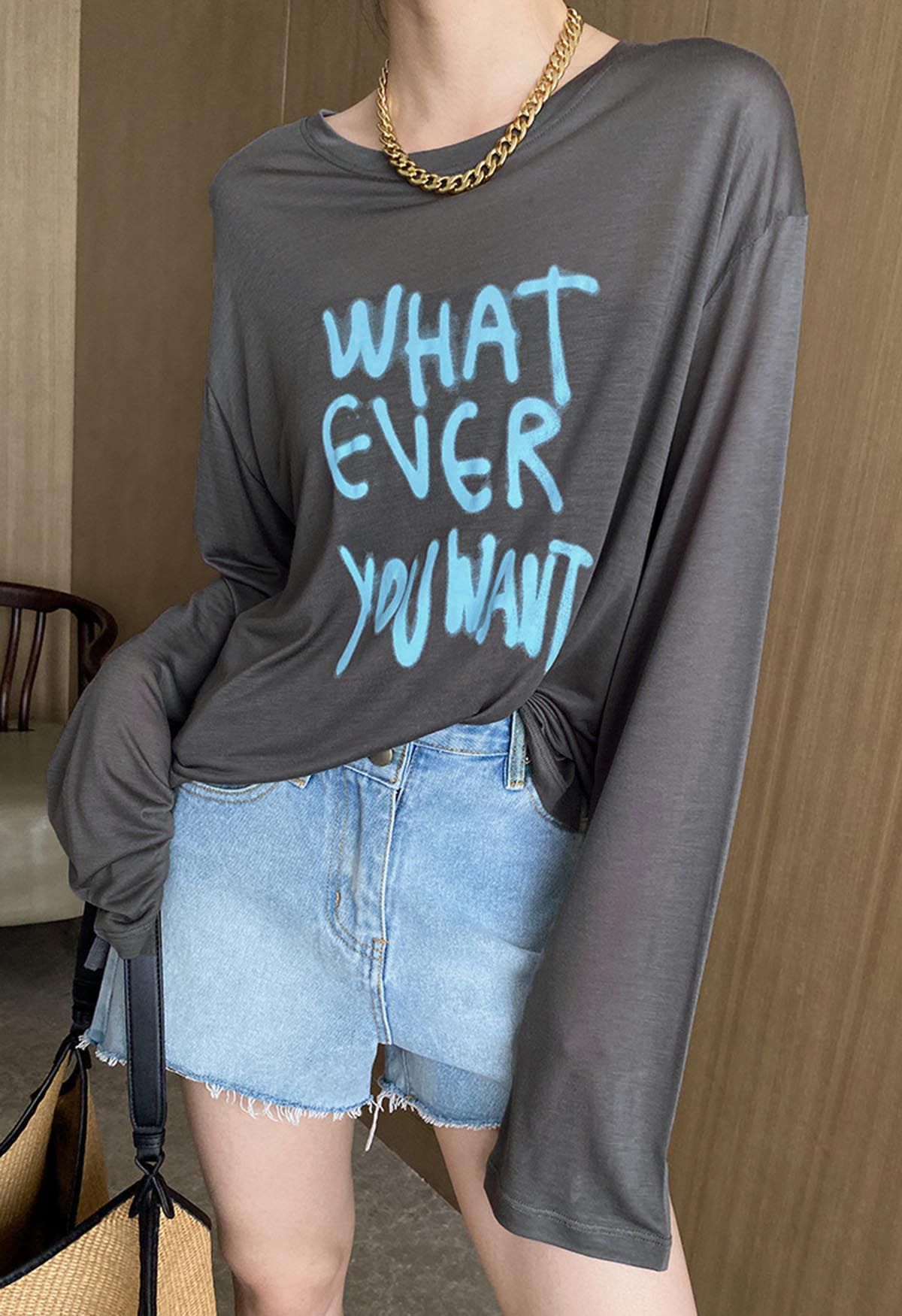 T-Shirt mit „Whatever You Want“-Slogan in Rauch