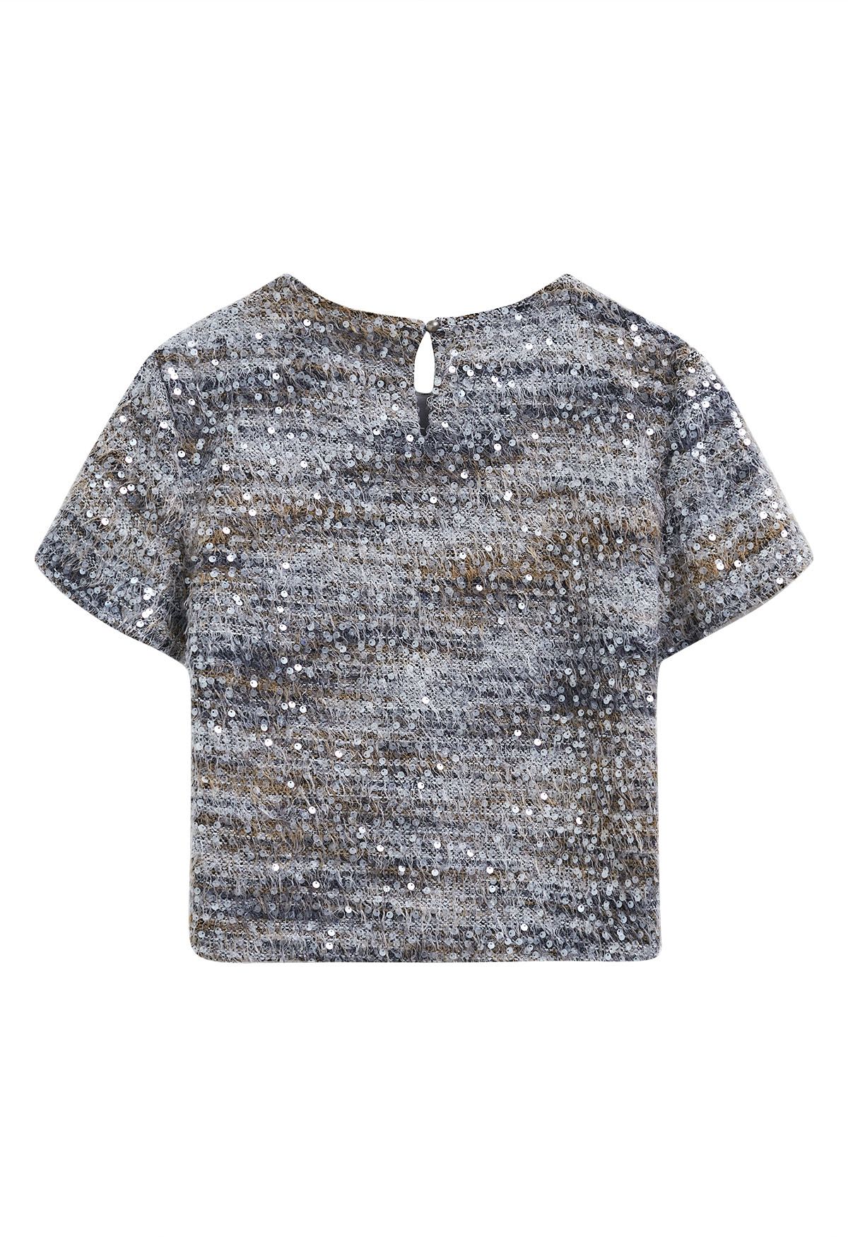 Flauschiges Crop-Top mit Pailletten-Mosaik in Grau