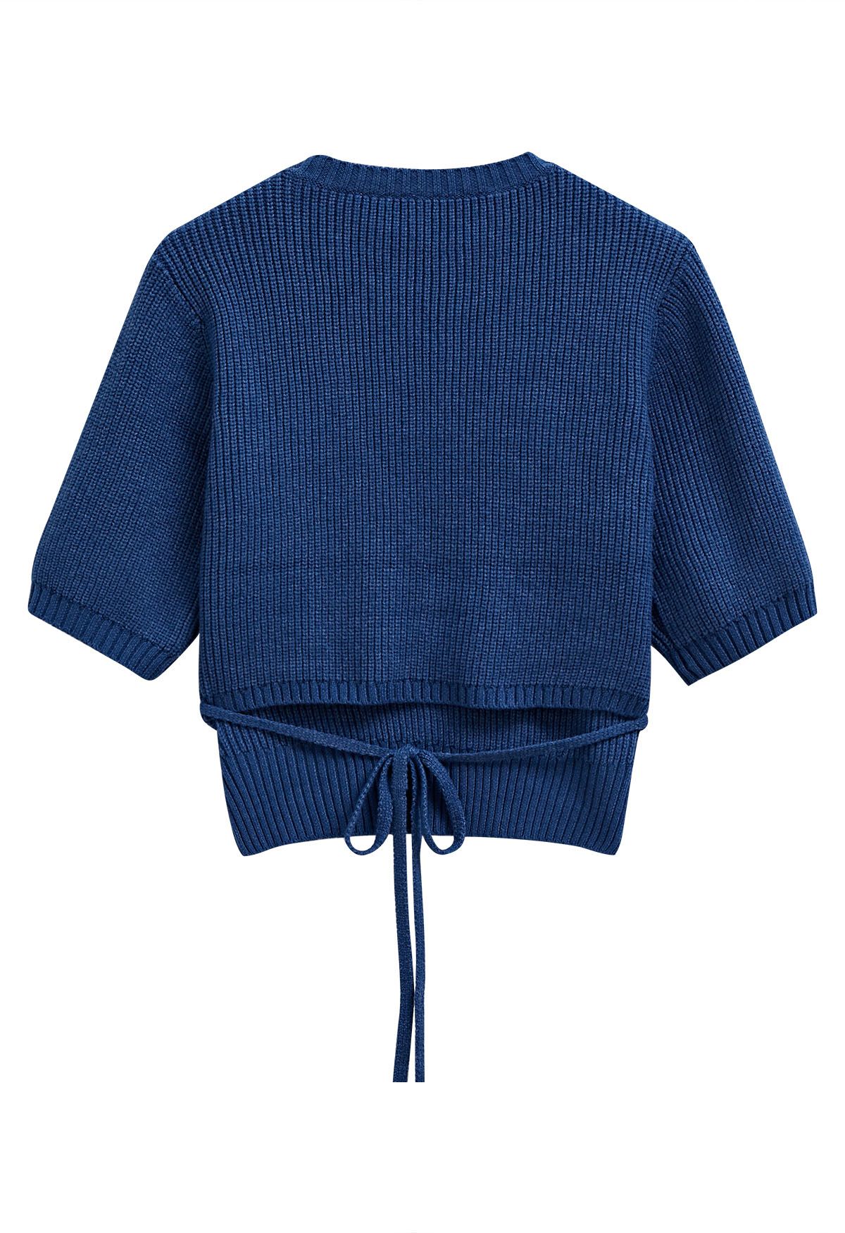 Gerippter Strickpullover mit Bindeband auf der Rückseite in Marine