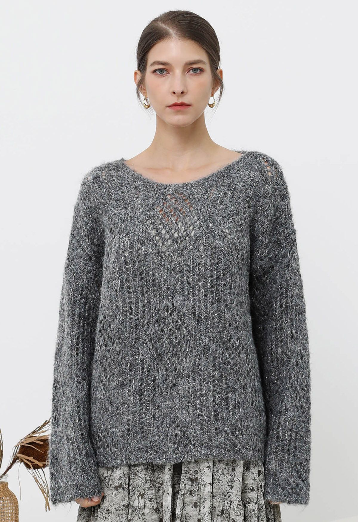 Flauschiger Strickpullover mit Rautenmuster in Rauchgrau