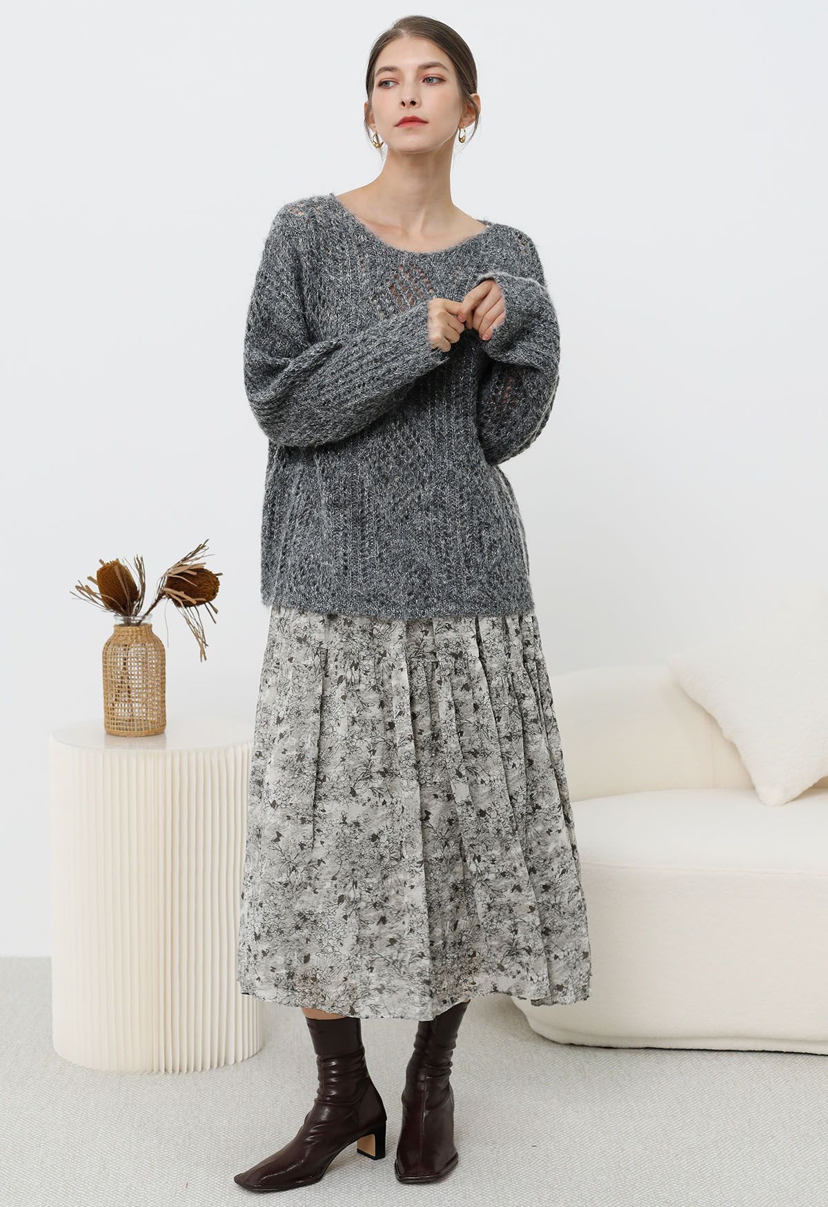 Flauschiger Strickpullover mit Rautenmuster in Rauchgrau