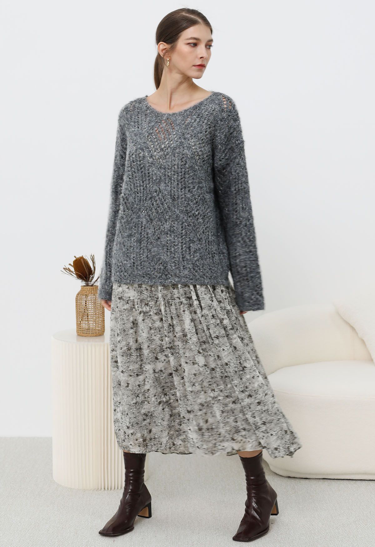 Flauschiger Strickpullover mit Rautenmuster in Rauchgrau