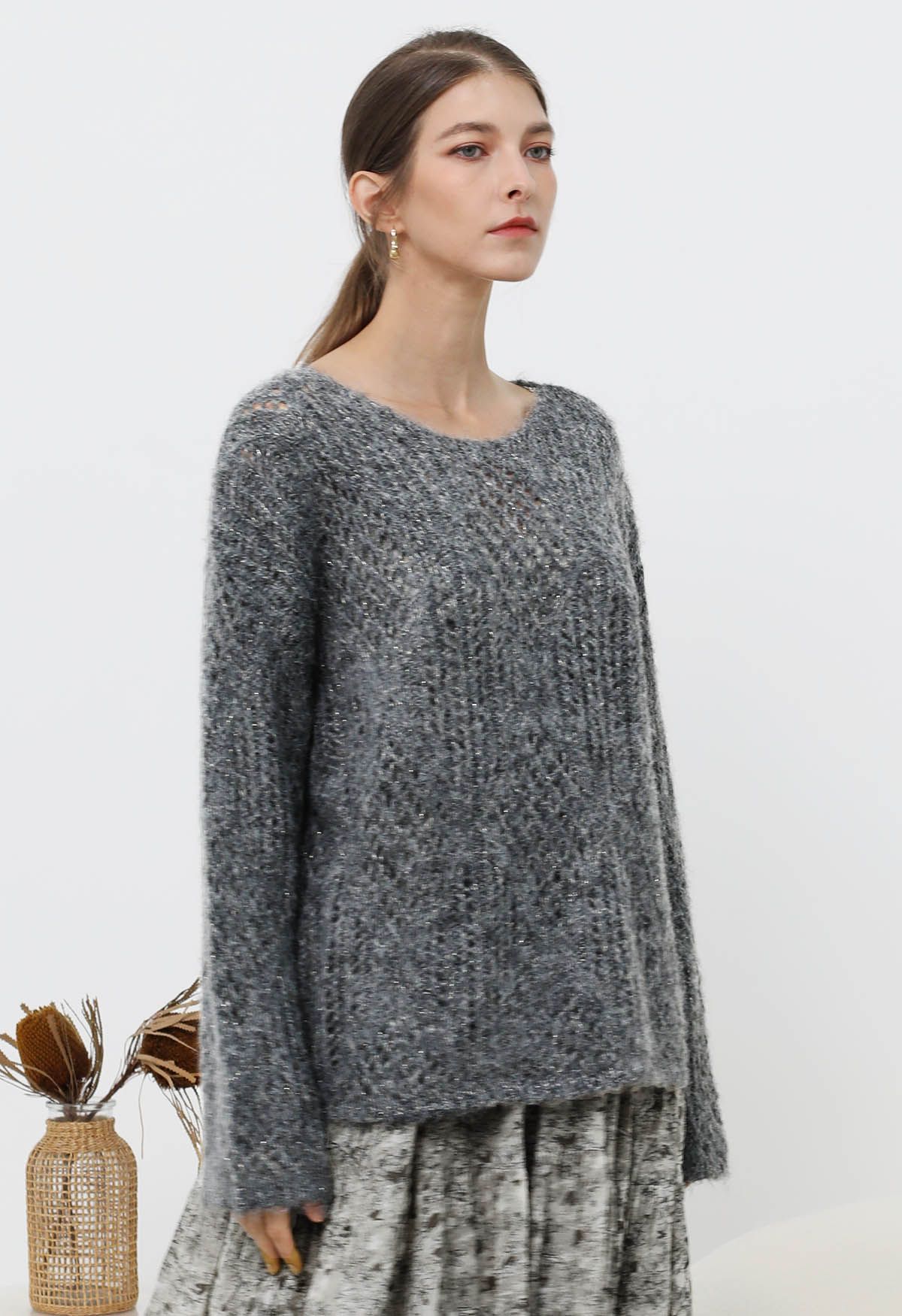 Flauschiger Strickpullover mit Rautenmuster in Rauchgrau