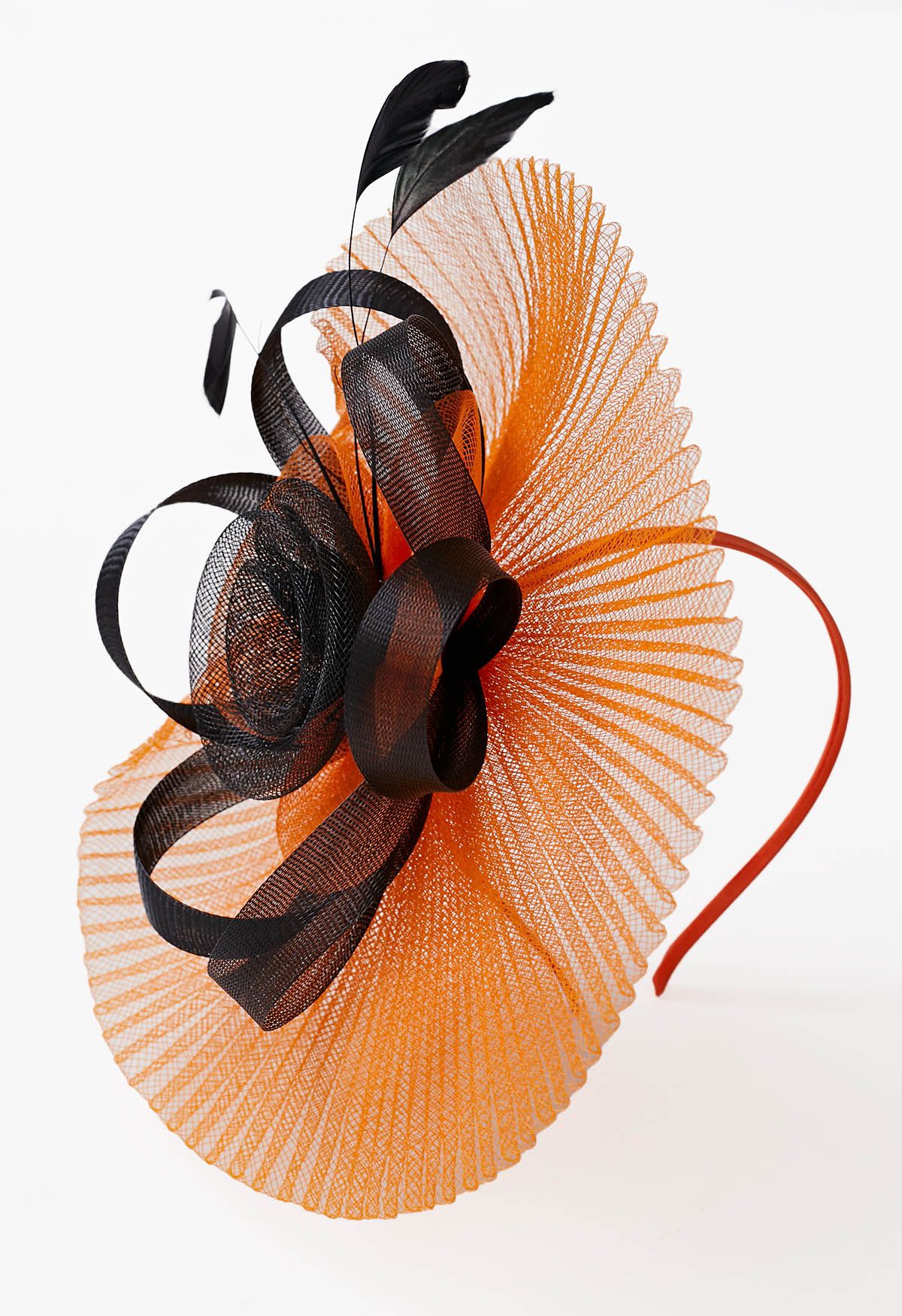 Plissiertes Netz-Blumen-Stirnband mit Haarspange in Orange