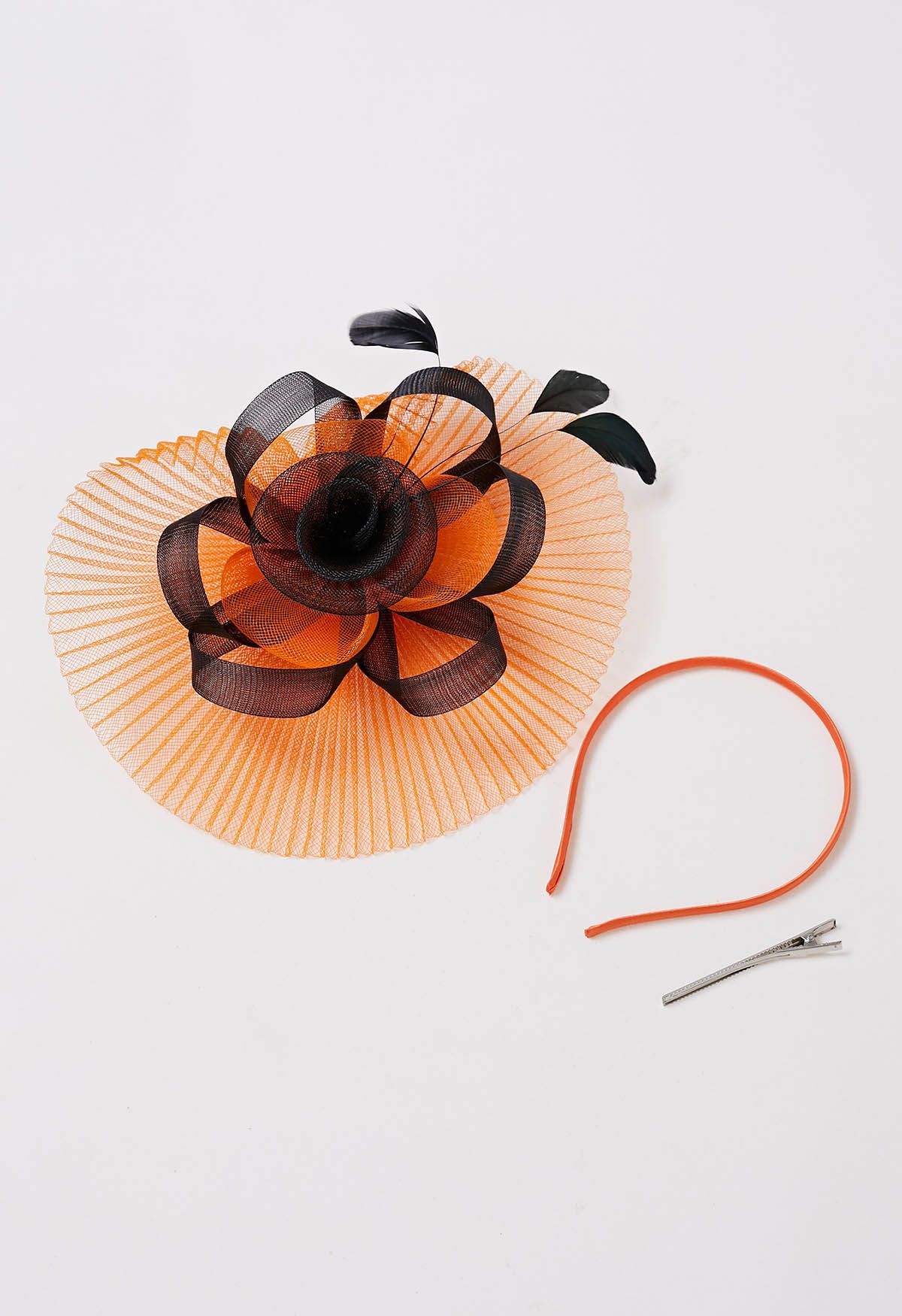 Plissiertes Netz-Blumen-Stirnband mit Haarspange in Orange