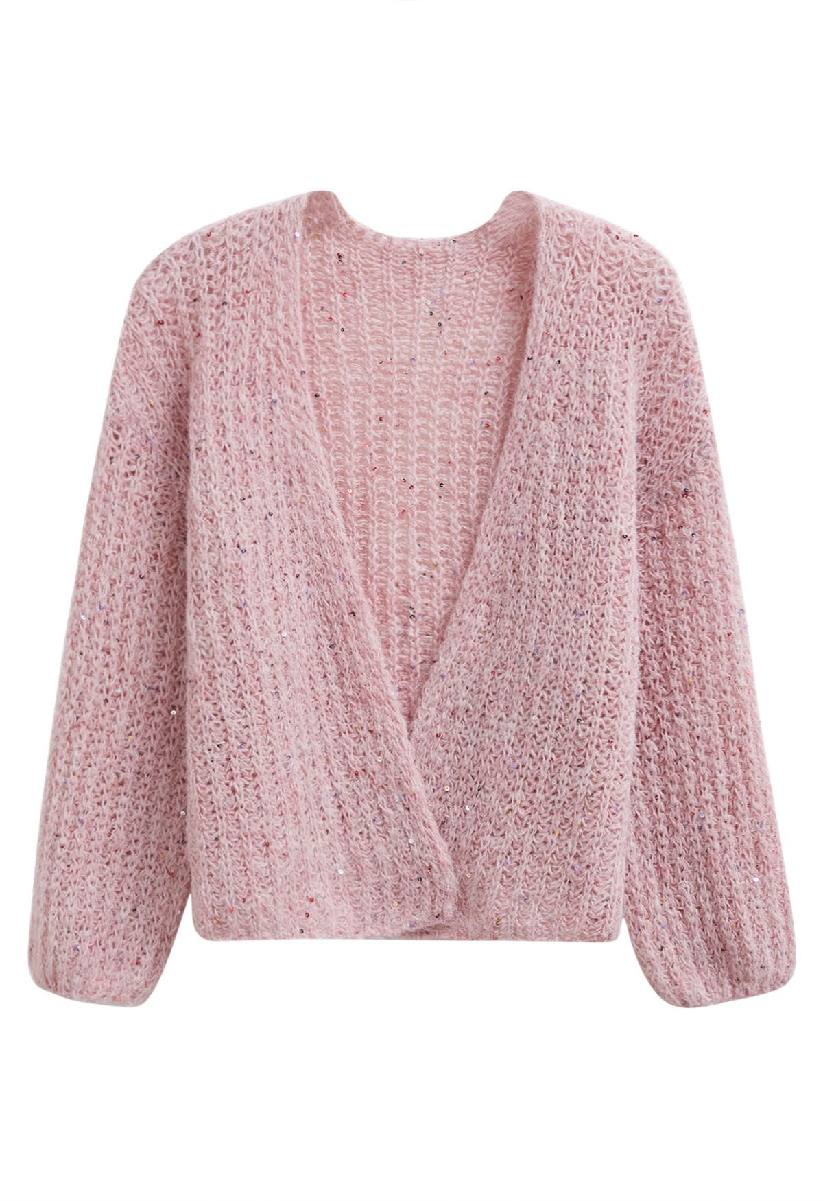 Gemütliche Strickjacke mit offener Vorderseite und bunten Pailletten in Pink