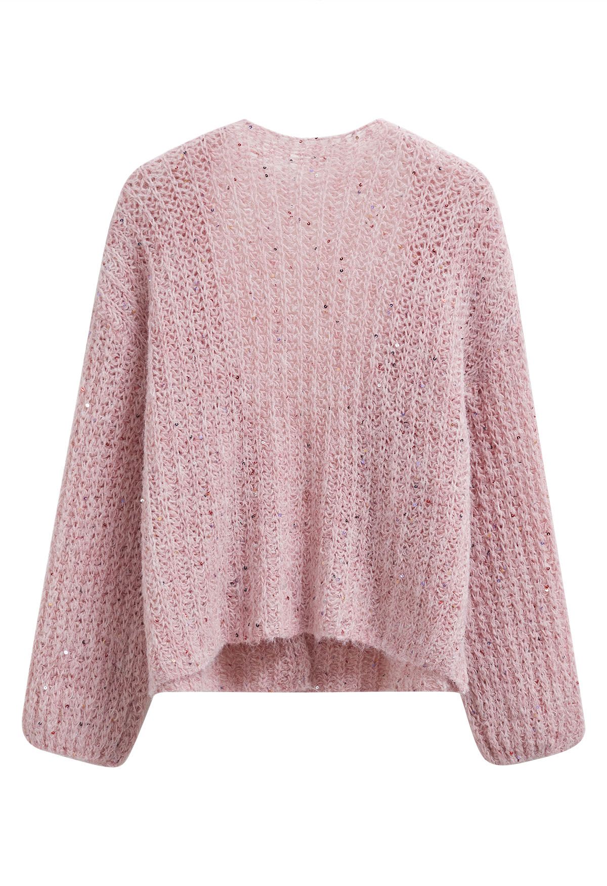 Gemütliche Strickjacke mit offener Vorderseite und bunten Pailletten in Pink