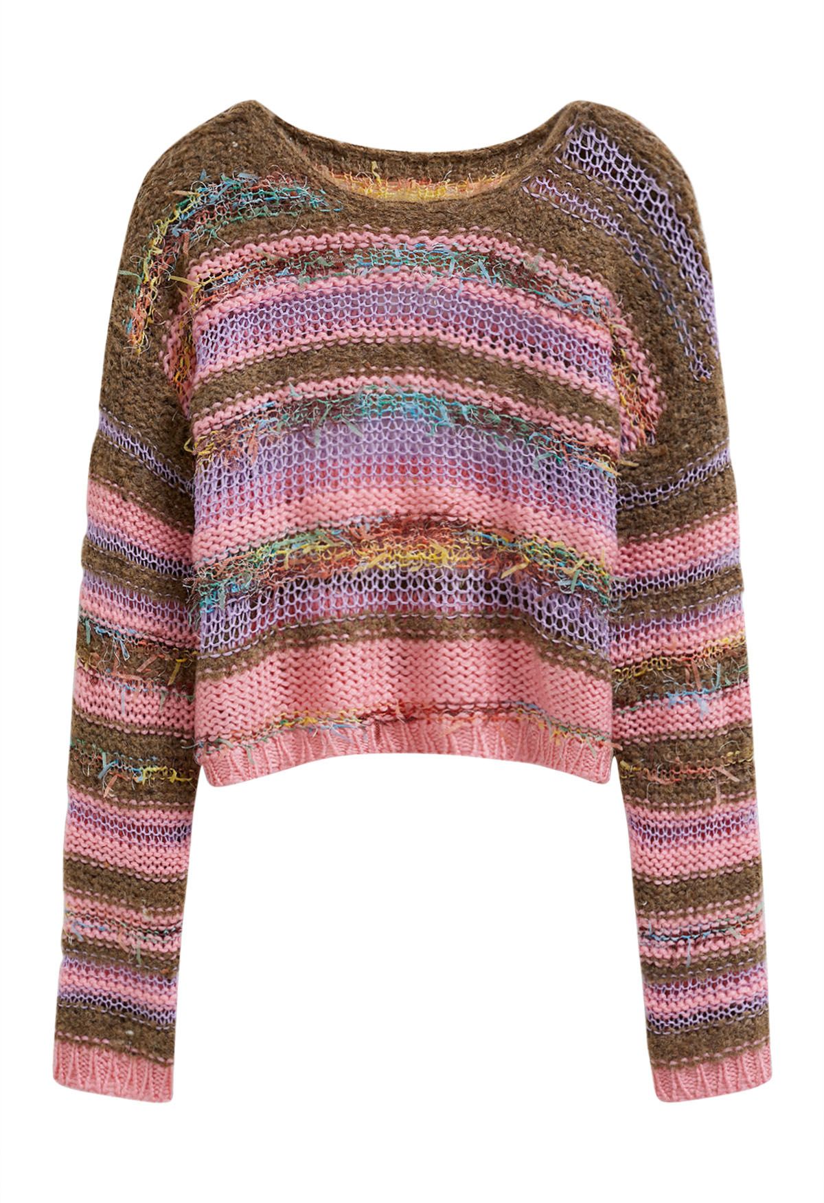 Mehrfarbig gestreifter Pointelle-Strickpullover mit Fransen in Pink