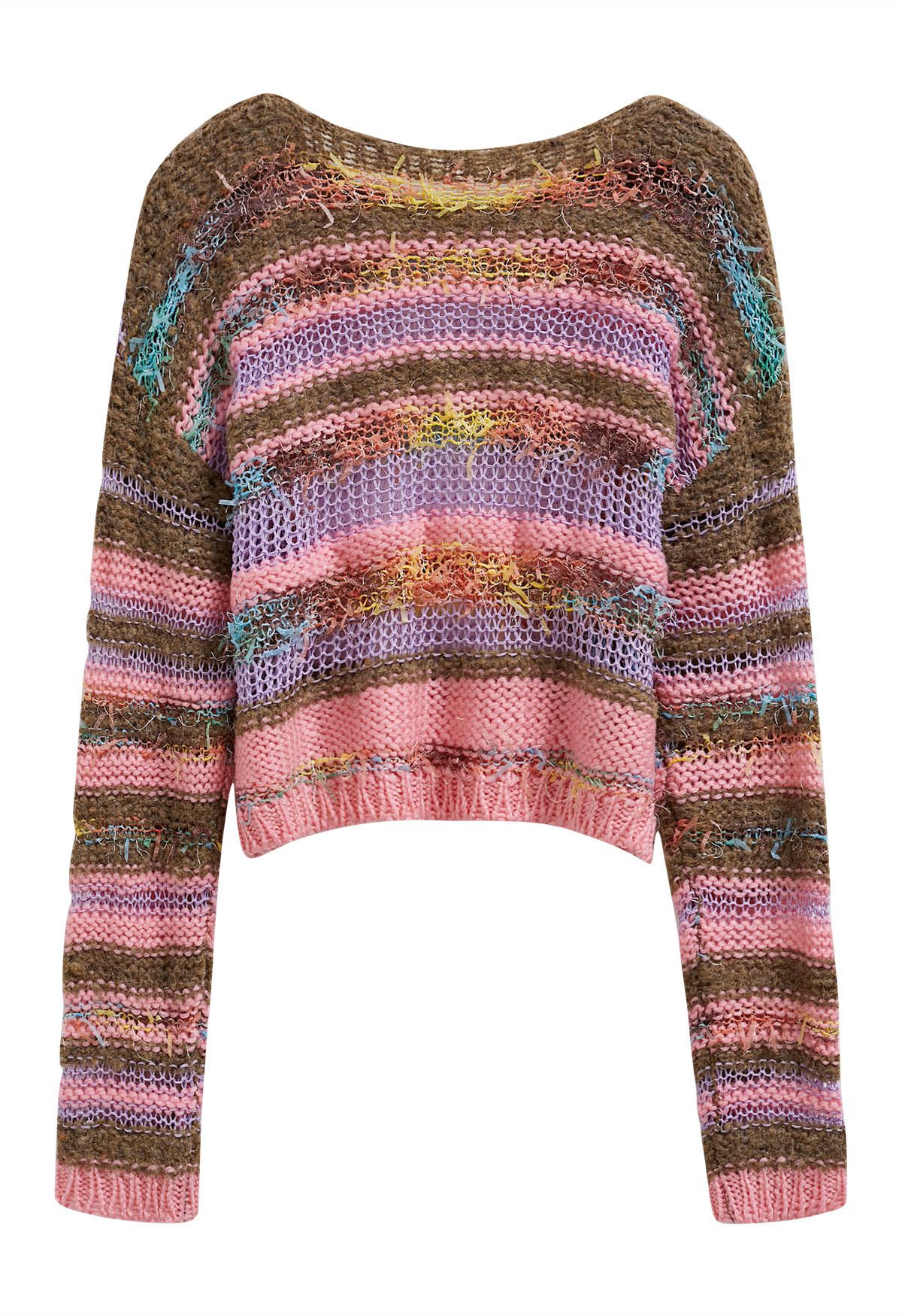 Mehrfarbig gestreifter Pointelle-Strickpullover mit Fransen in Pink