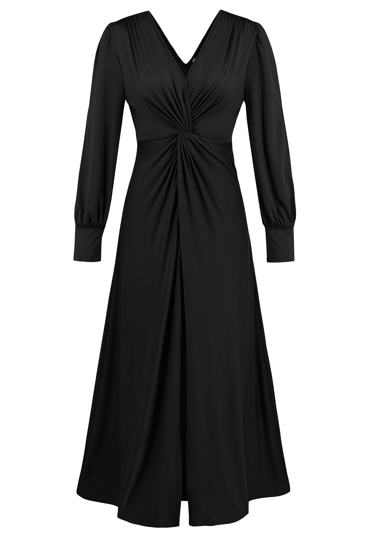 Maxikleid mit V-Ausschnitt und Cut-Out-Ärmeln und verdrehter Vorderseite in Schwarz