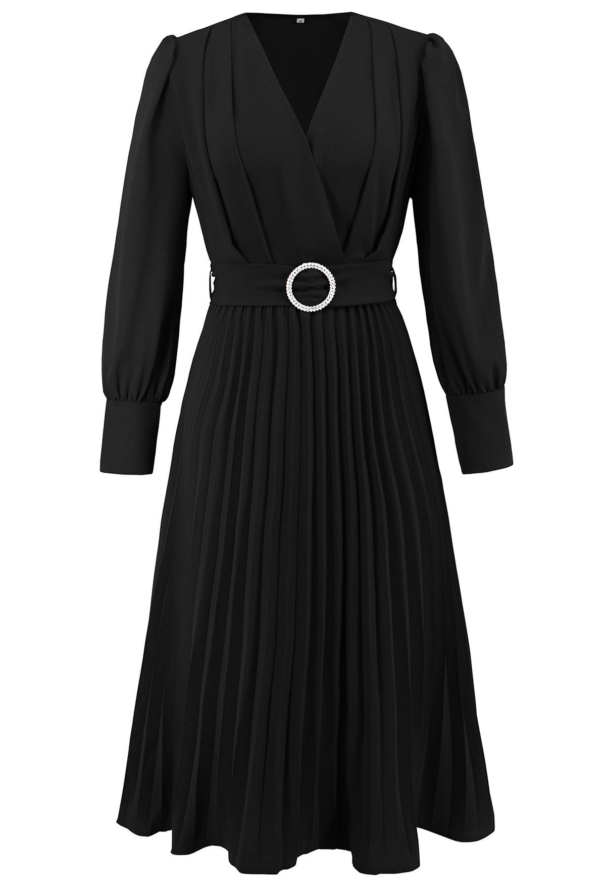 Graceful Pleats – Midikleid mit Wickeloptik und Gürtel in Schwarz