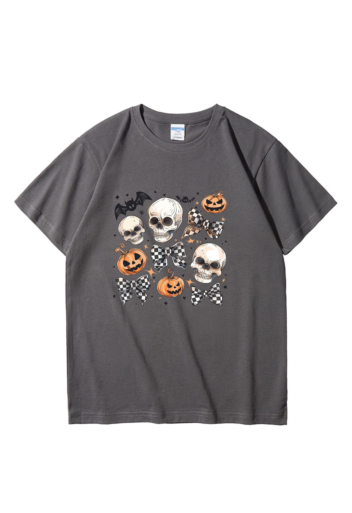 T-Shirt mit Totenkopf- und kariertem Schleifenmuster