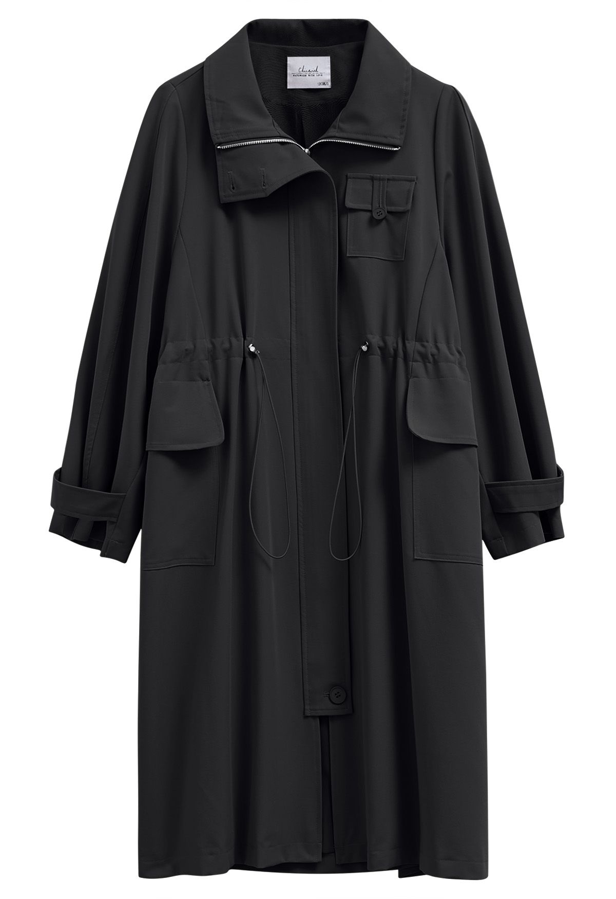 Outfitted – Trenchcoat mit Kragen, Pattentasche und Kordelzug in Schwarz