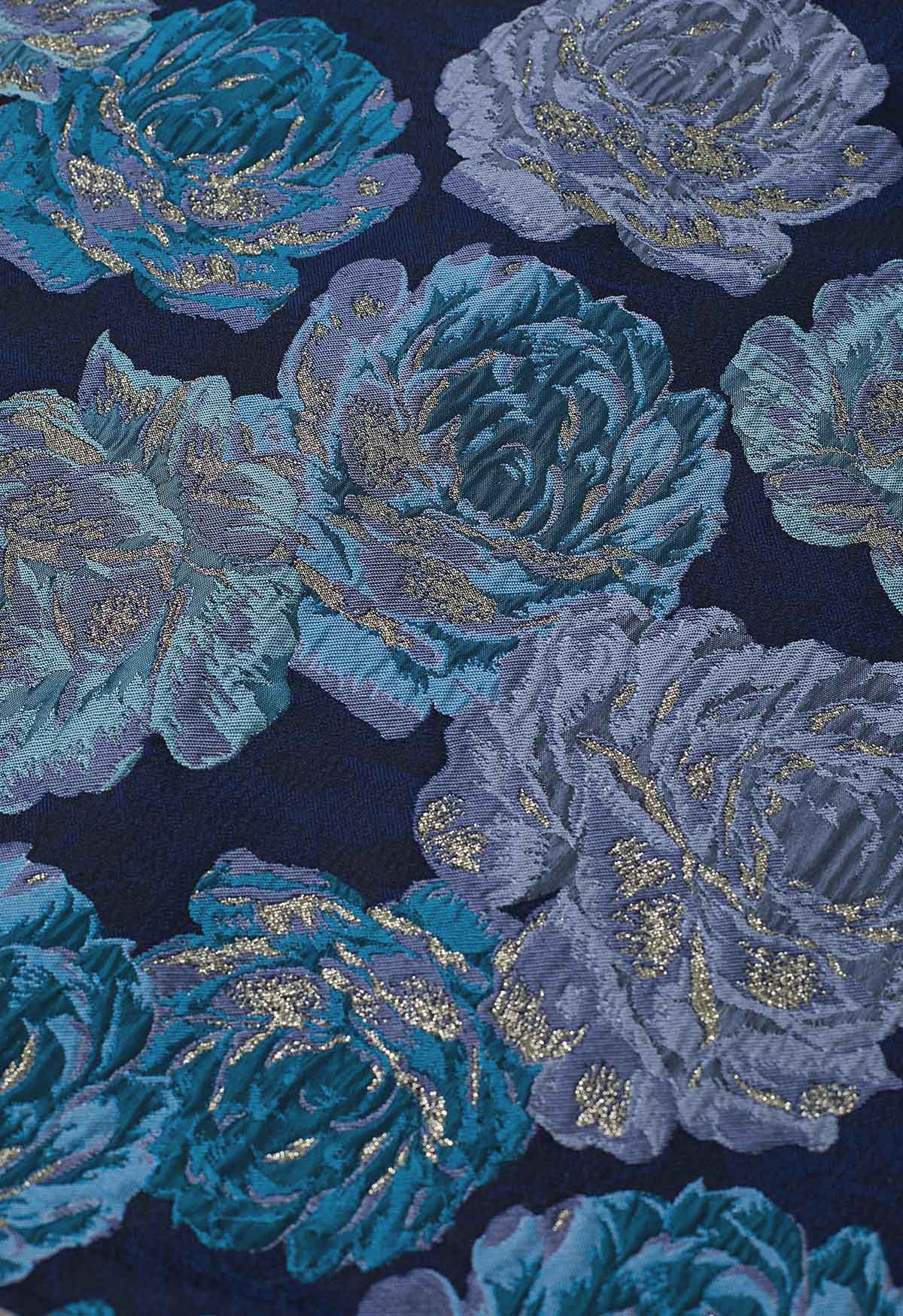 Mitternachtsblauer ausgestellter Maxirock aus Jacquard mit Pfingstrosenmuster