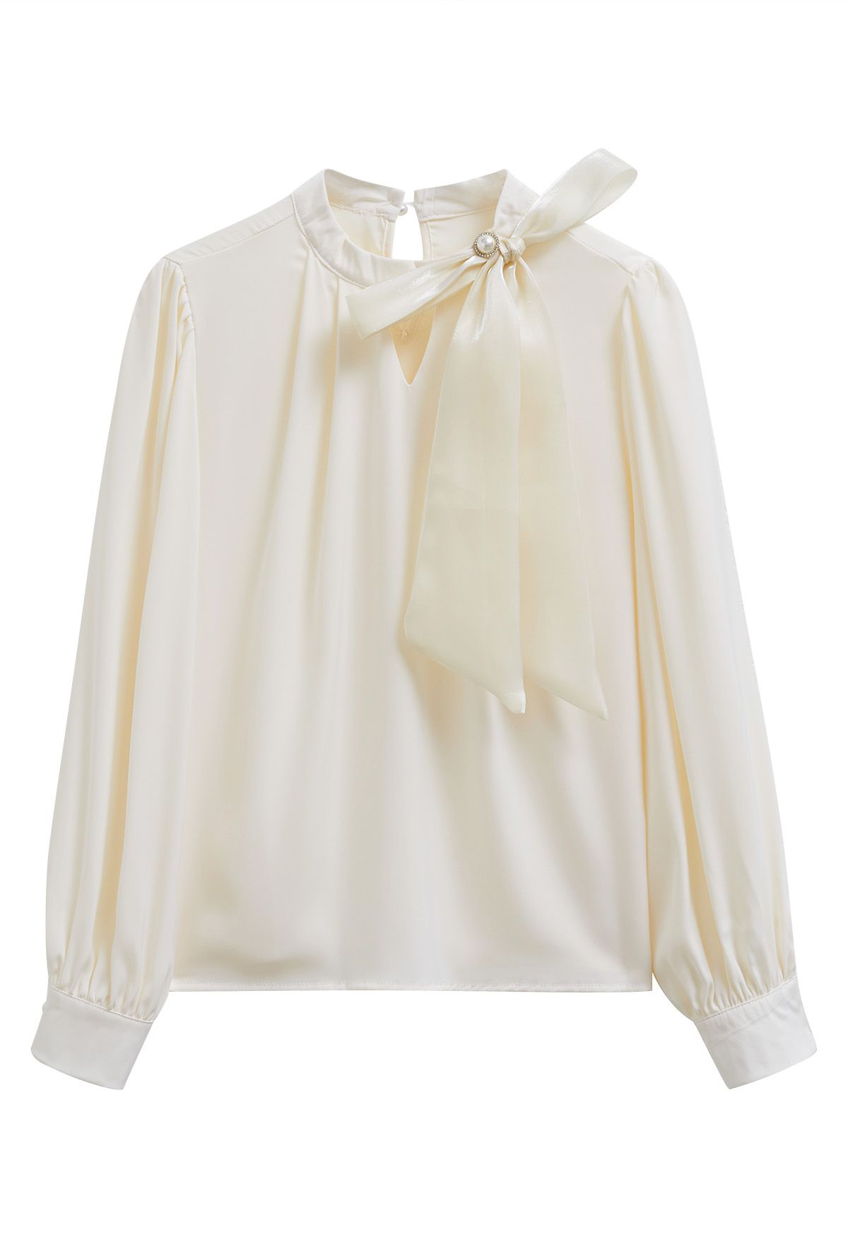 Perlmuttfarbenes Satin-Top mit Schleife aus Organza in Creme