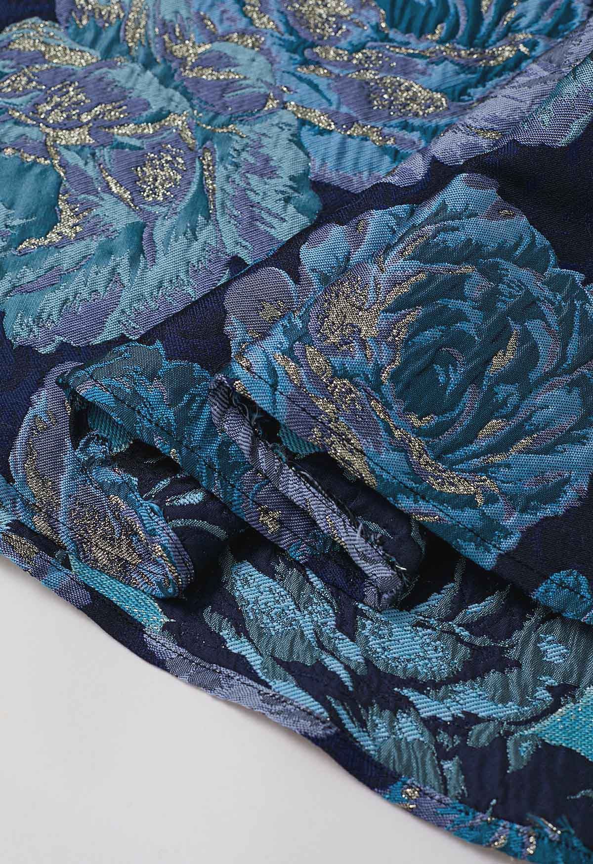 Mitternachtsblauer ausgestellter Maxirock aus Jacquard mit Pfingstrosenmuster