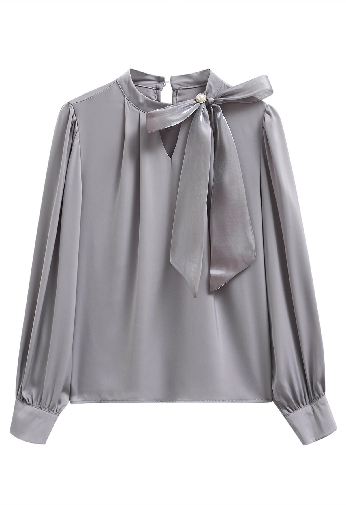 Perlmuttfarbenes Organza-Satin-Top mit Schleife in Grau