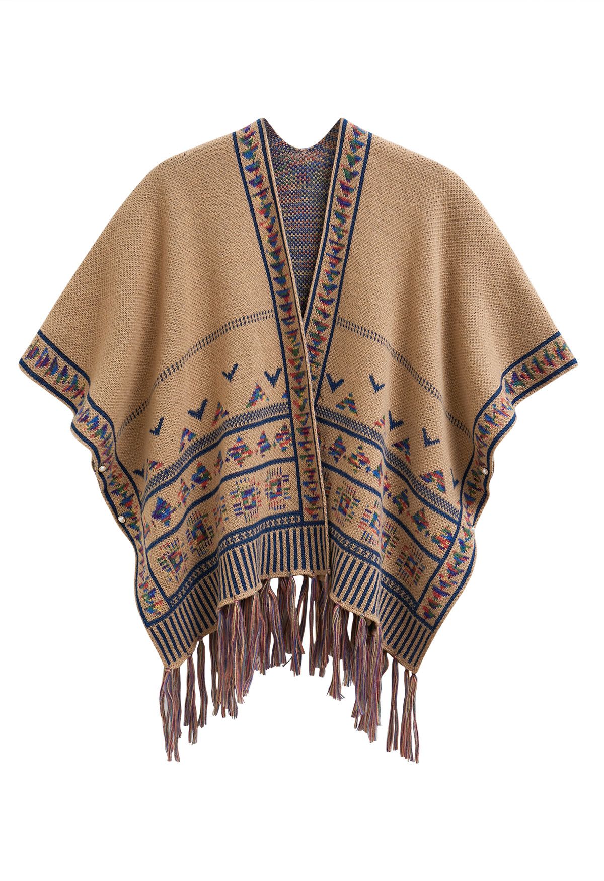 Boho Wanderer – Strickponcho mit Fransen in Kamel