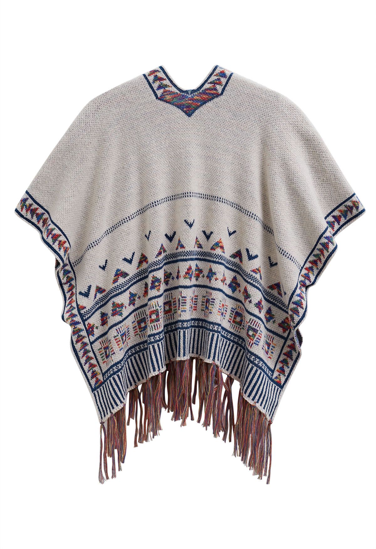 Boho Wanderer – Strickponcho mit Fransen in Elfenbein