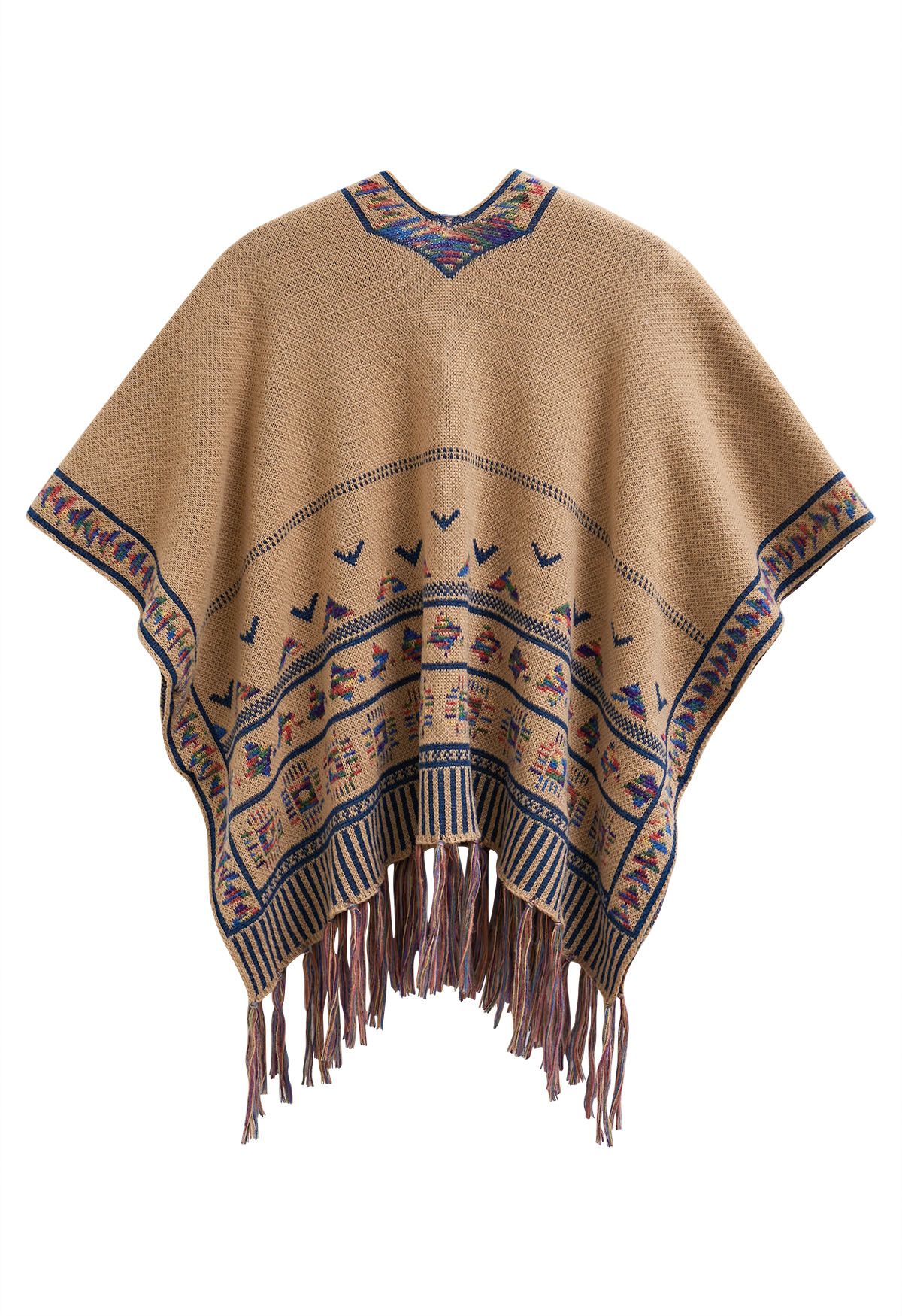 Boho Wanderer – Strickponcho mit Fransen in Kamel