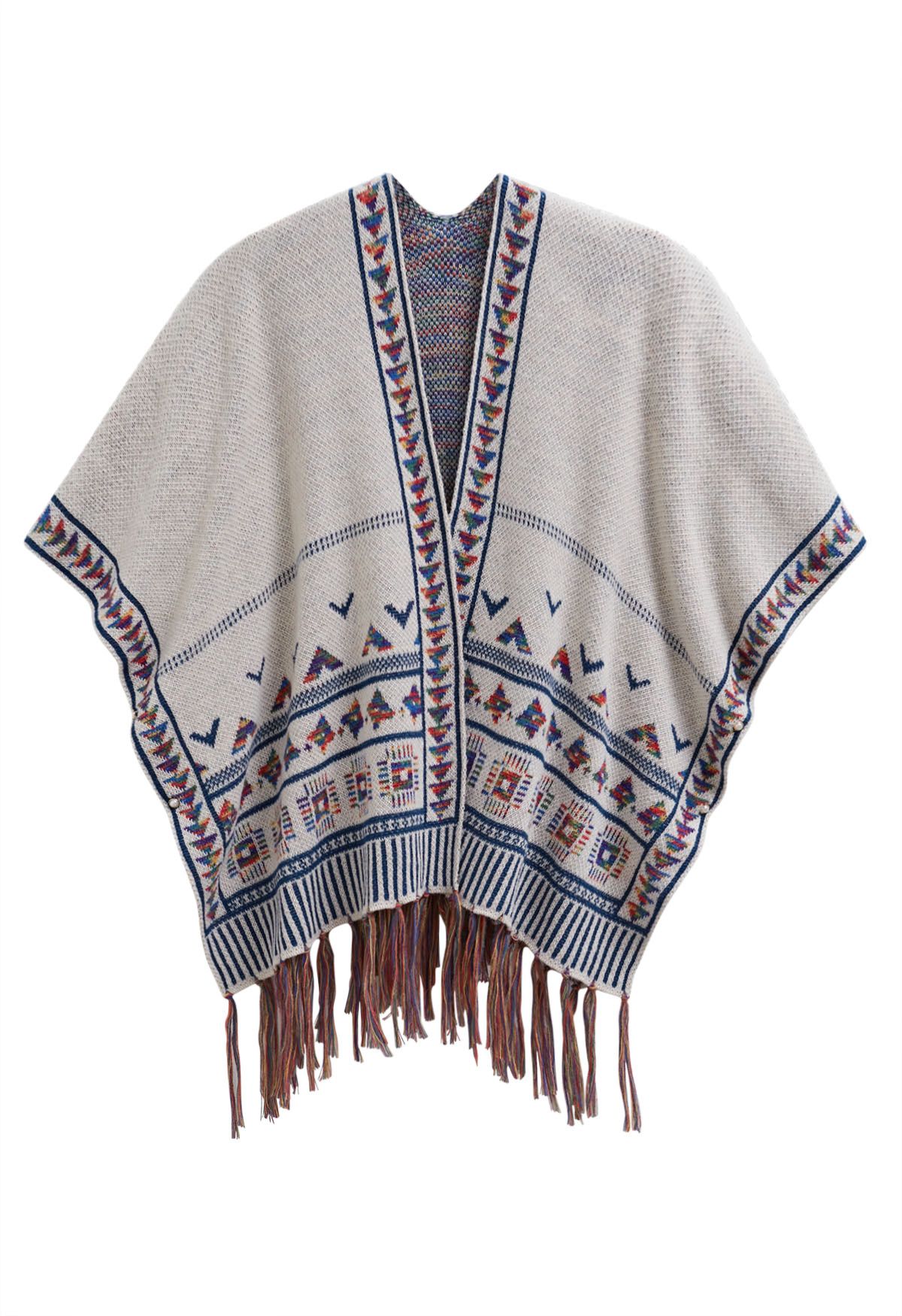 Boho Wanderer – Strickponcho mit Fransen in Elfenbein