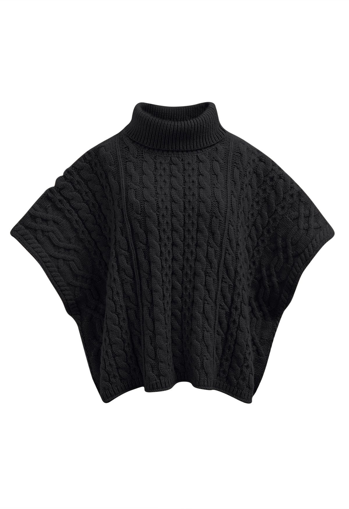 Warmer Rollkragen-Cape-Pullover mit Zopfmuster in Schwarz