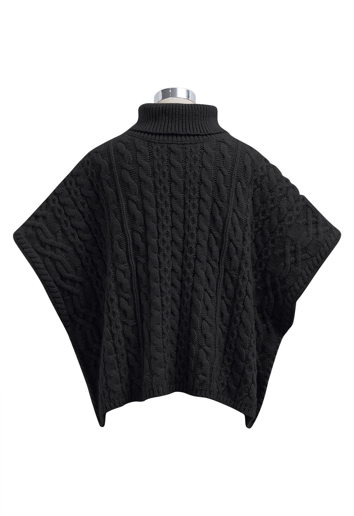 Warmer Rollkragen-Cape-Pullover mit Zopfmuster in Schwarz