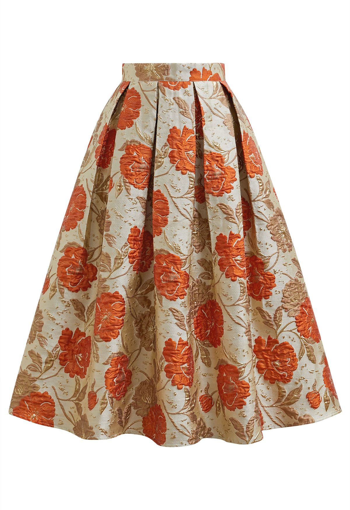 Ausgestellter Midirock aus Jacquard mit kunstvollem Blumenmuster in Orange