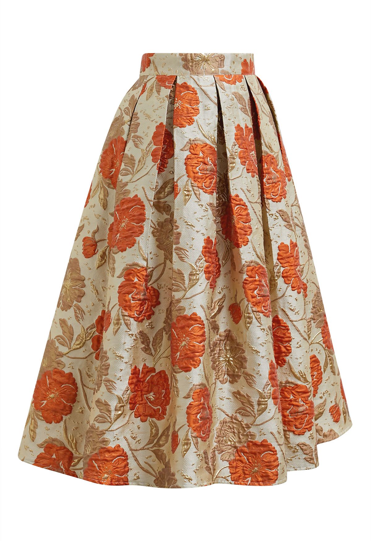 Ausgestellter Midirock aus Jacquard mit kunstvollem Blumenmuster in Orange