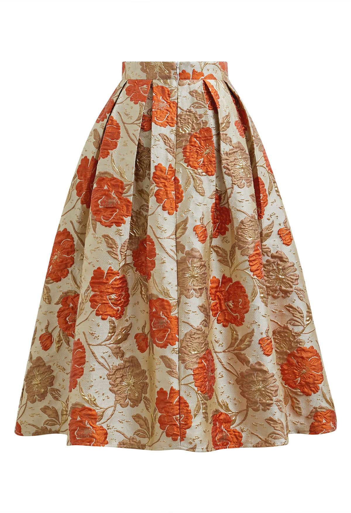 Ausgestellter Midirock aus Jacquard mit kunstvollem Blumenmuster in Orange