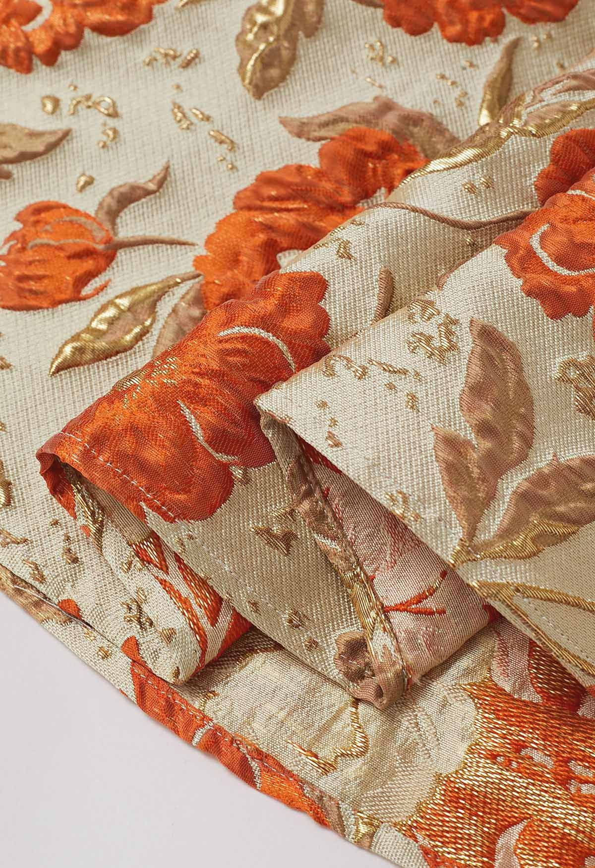 Ausgestellter Midirock aus Jacquard mit kunstvollem Blumenmuster in Orange